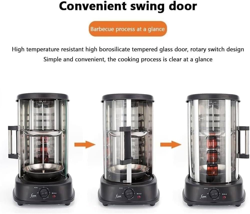 Electric Rotating Vertical Rotisserie Grill,1380W Electric Shawarma Smokeless 360° Rotary Barbecue Machine with 3-Grills,60 Min Timer,Sliding Glass Door,Auto Shut-Off