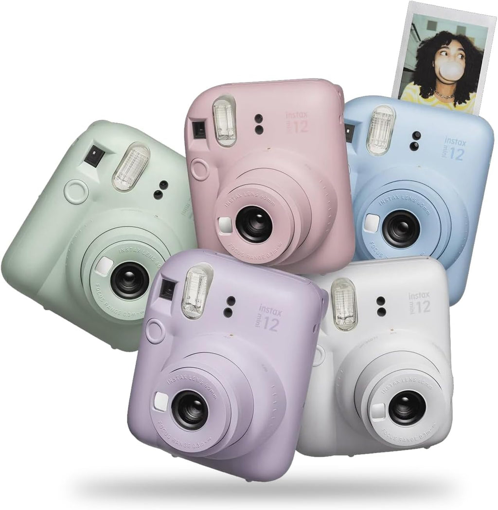 Fujifilm Instax Mini 12 Instant Camera + MiniMate Accessory Bundle & Compatible Custom Case + Fuji Instax Film Value Pack (50 Sheets) Flamingo Designer Photo Album (Pastel Blue)