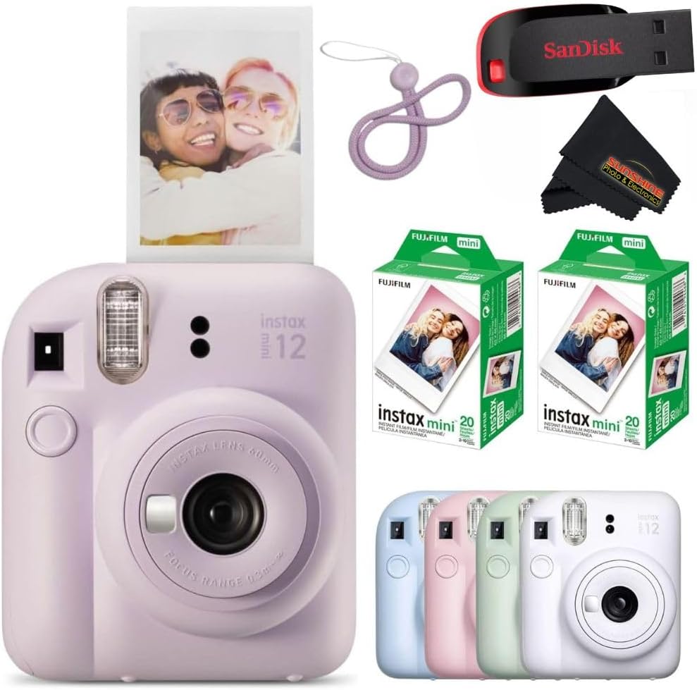 Fujifilm Instax Mini 12 Instant Camera Lilac Purple with Sandisk 32 GB USB Flash Drive + 40 Sheets Fujifilm Instax Mini Film Bundle, Sunshine Photo Microfiber Cleaning Cloth Included