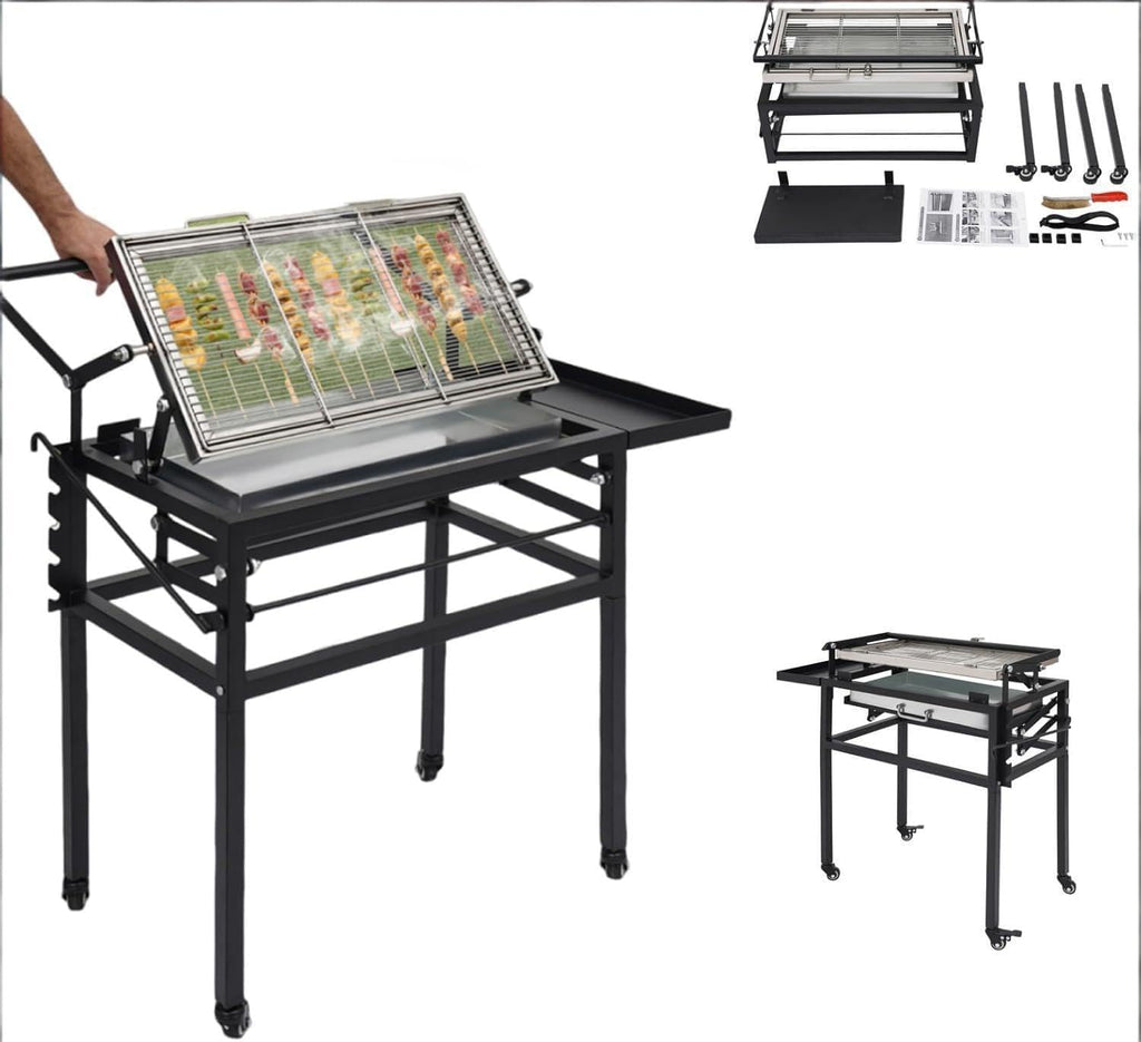 Rotating Grill, BBQ Charcoal Grill with Cart, 360° Rotating Blazefor Flip, Charcoal Flip Grill Blaze for Barbecue, Detachable Grid Stand-Up with Wheels and Adjustable Steel Frame