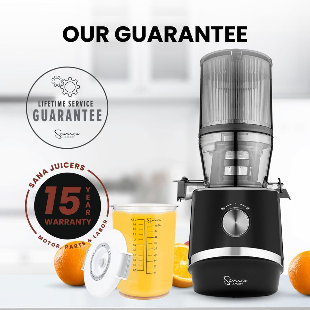Sana 878 Self Feeding Batch Juicer | 3 Days of Cold Press Juicing Effortlessly | Most Convenient Juicer with Autopilot Configuration | Large Batch 2 Liter Capacity | Whole Fruits & Vegetables | Black