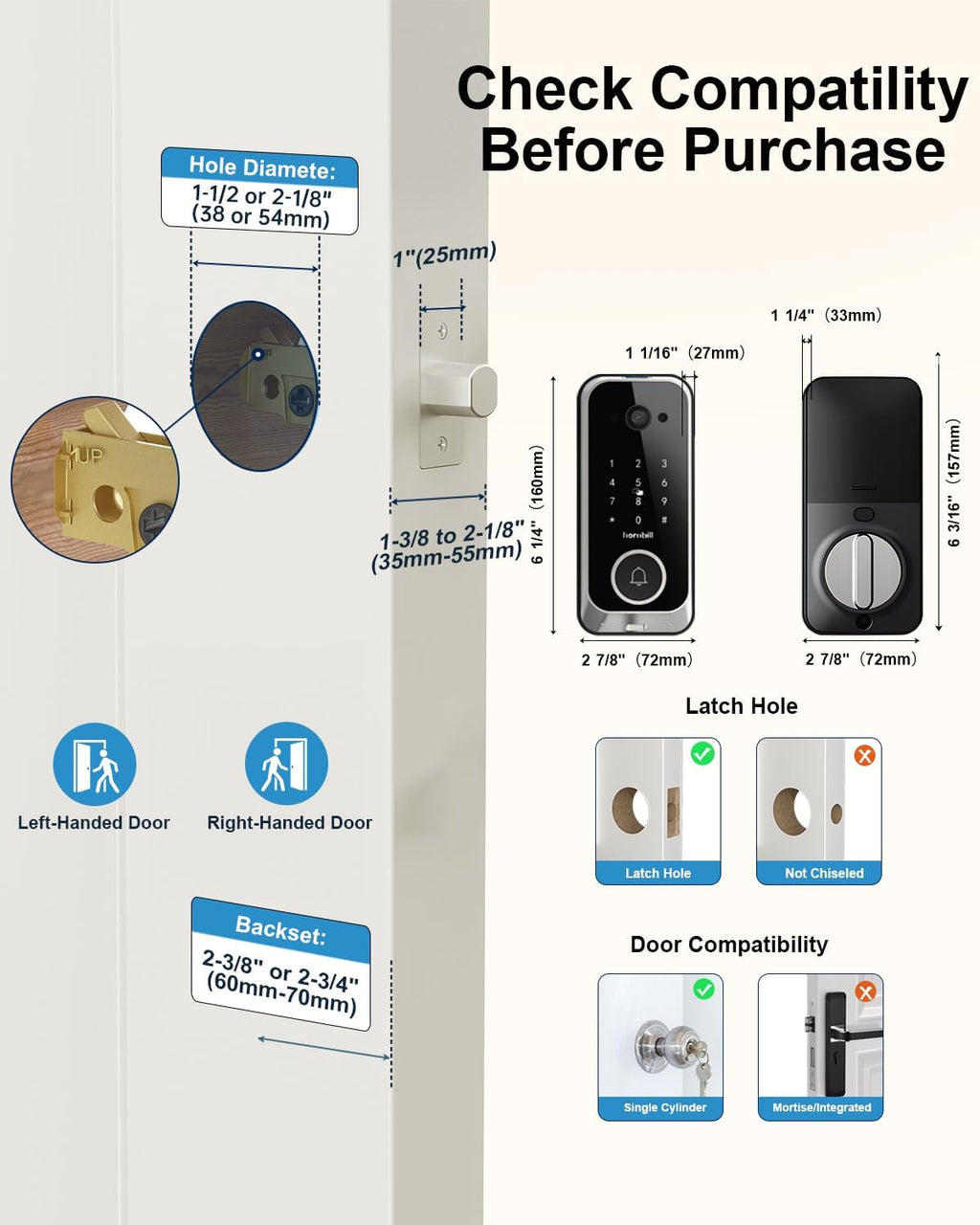 Hornbill Video Smart Lock with Camera: 10-in-1 Ring+2K Camera+Doorbell+Fingerprint Keyless Entry Door Lock, Built-in WiFi Deadbolt(only 2.4G), Two-Way Audio/App Remote Control/PIR, Satin Nickel