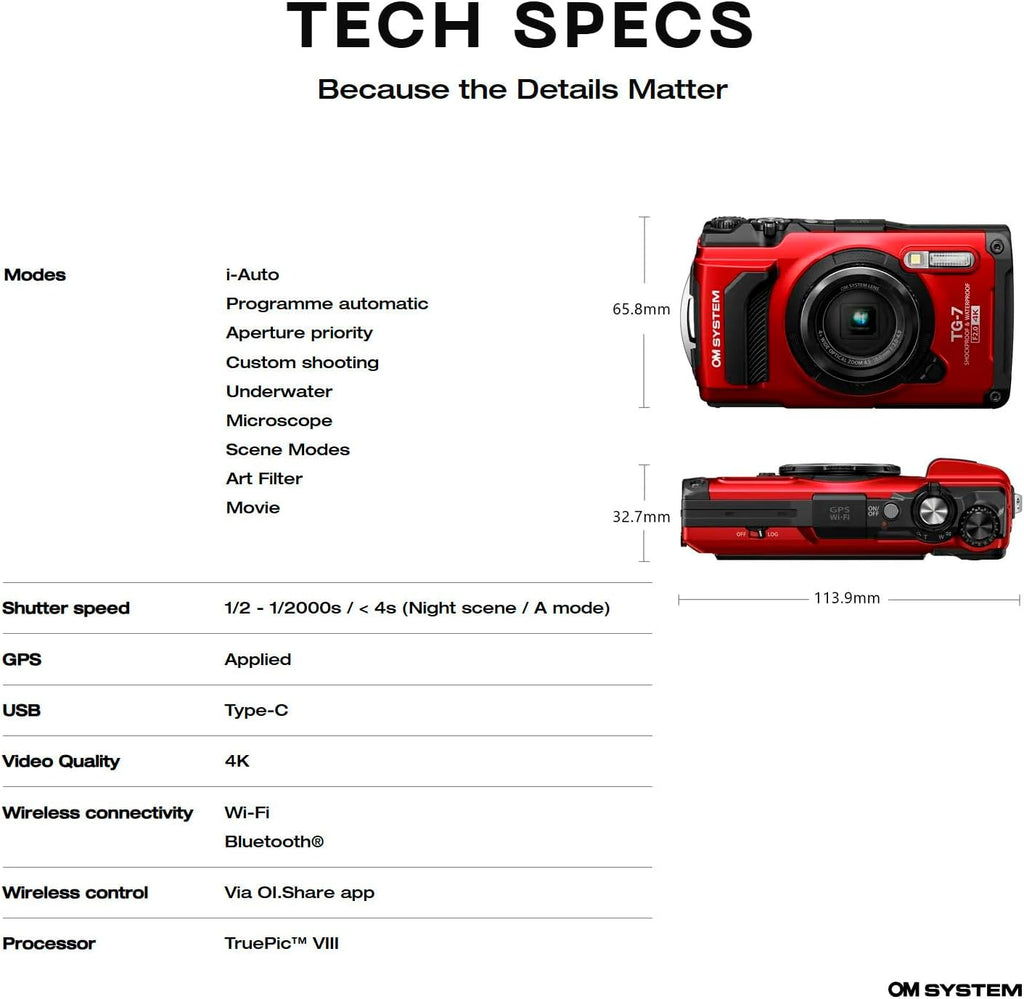 OM System OLYMPUS Tough TG-7 Red Underwater Camera, Waterproof, Freeze Proof, High Resolution Bright, 4K Video 44x Macro Shooting (Successor Olympus TG-6)