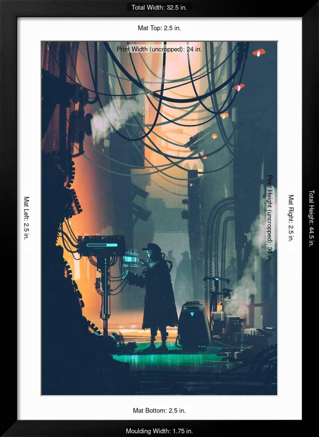 ART.COM Wall Art Print Sci-Fi Scene of Robot Using Futuristic Computer in City Street,Illustration Painting on Black Frame by Tithi Luadthong, 32' x 44'