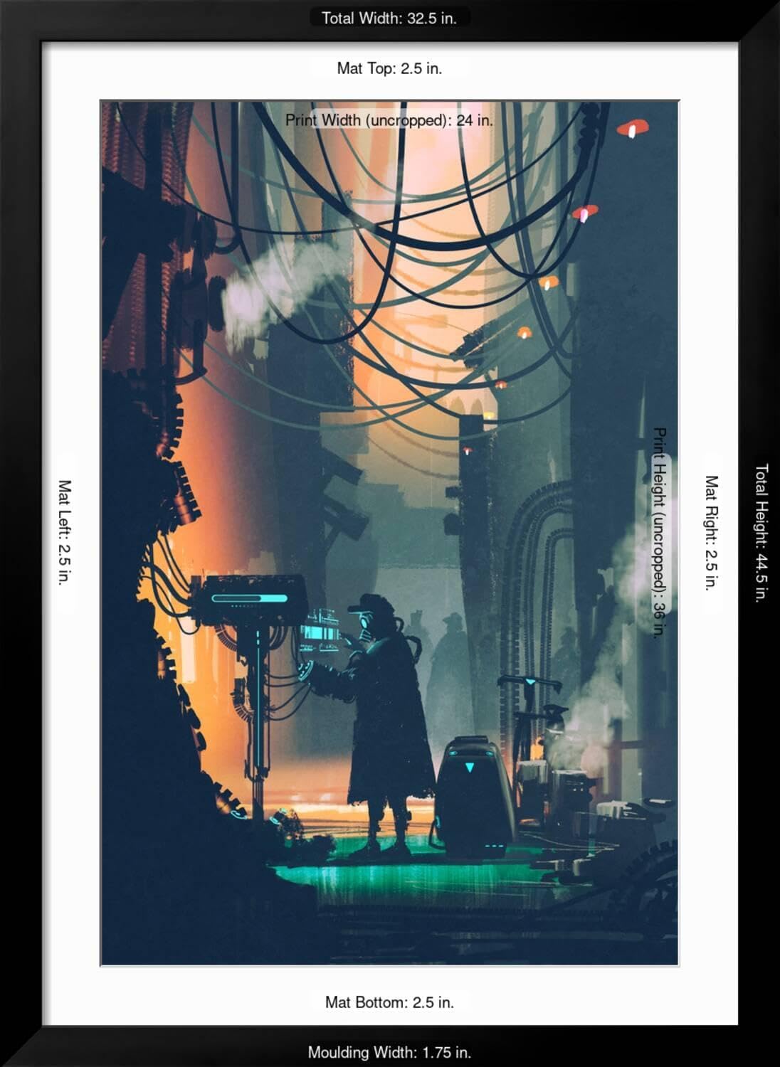 ART.COM Wall Art Print Sci-Fi Scene of Robot Using Futuristic Computer in City Street,Illustration Painting on Black Frame by Tithi Luadthong, 32' x 44'