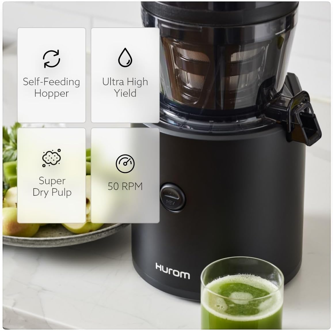 Hurom H320 Cold Press Juicer Machine, Easy to Clean Masticating Slow Juicer, Coarse Strainers, Self-Feeding, Hands Free, Family Size, Quiet Motor, Easy Assembly (Black)