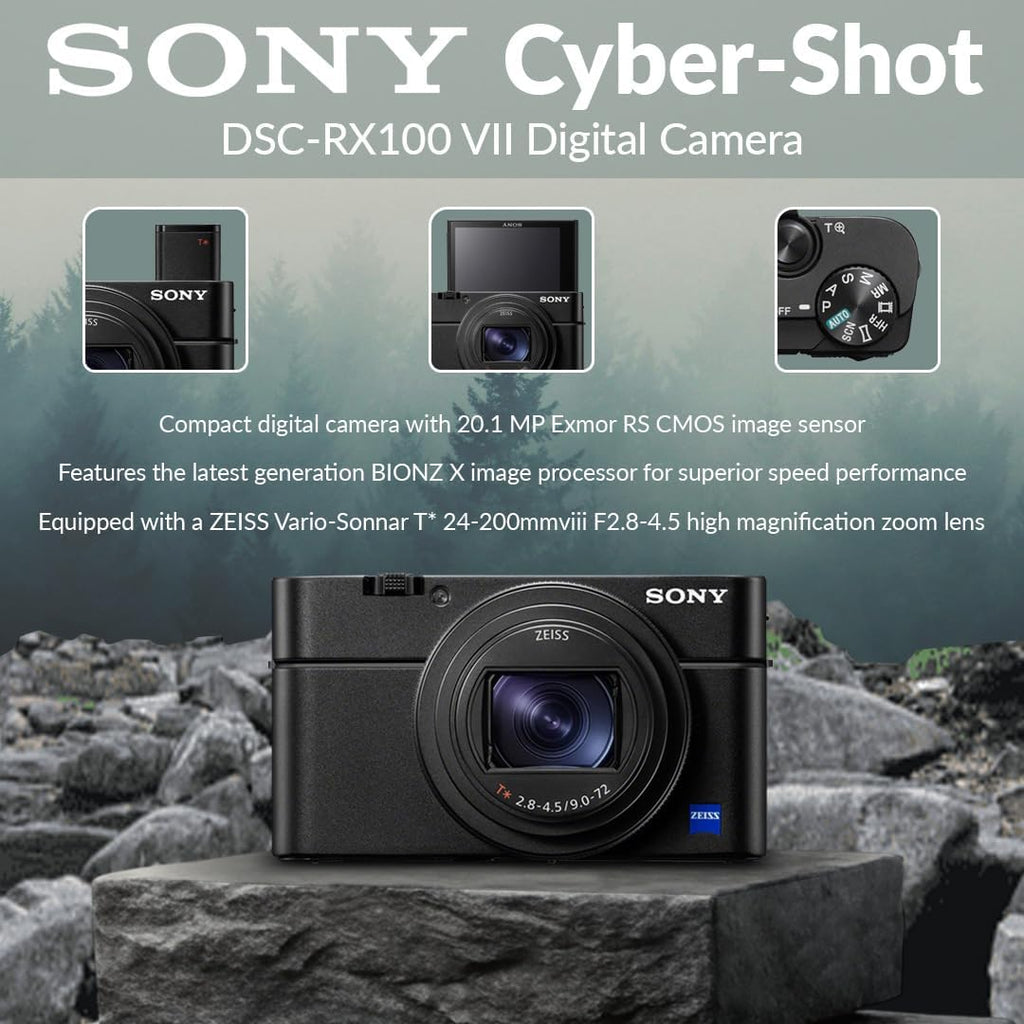 Sony Cyber-Shot RX100 VII Premium Compact Camera 1.0-Type Stacked CMOS Sensor and ZEISS 24-200mm Zoom Lens, Bundle with 64GB SD Card, Camera Bag, Sony 1-Year Limited Warranty