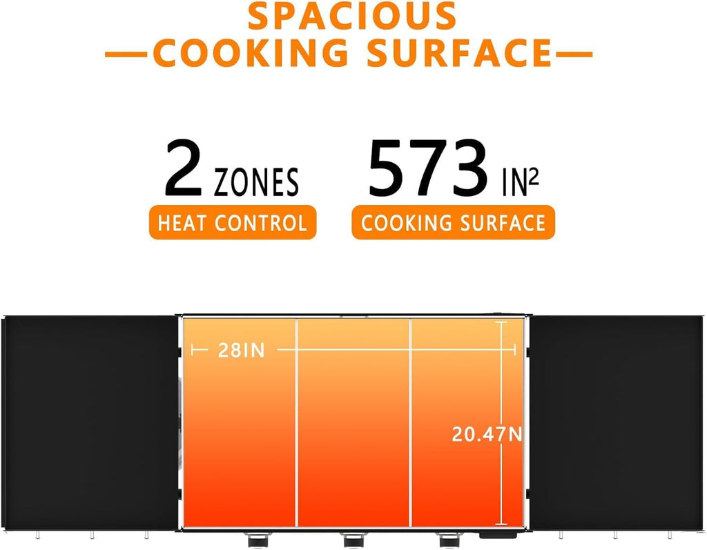 SKOK Foldable Gas Griddle-28 Inch Outdoor Propane Griddle, Portable Flat Top Gas Grill -30000 BTU Propane Fuelled, 2 Burners Table Top Griddle Station with Side Shelves