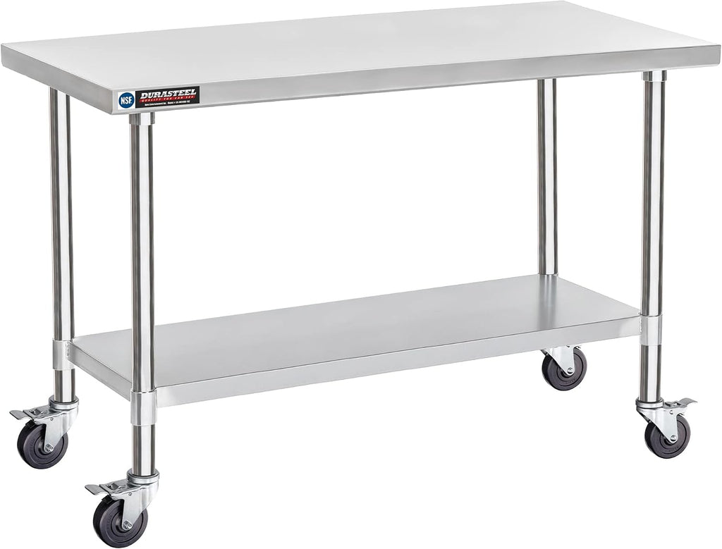 DuraSteel 24x60 NSF Stainless Steel Cart - Heavy Duty Food Prep Table with Undershelf - Rolling Kitchen Island on Wheels for Commercial Restaurant Kitchen, Garage, Outdoor Cooking, BBQ Grill, Counter