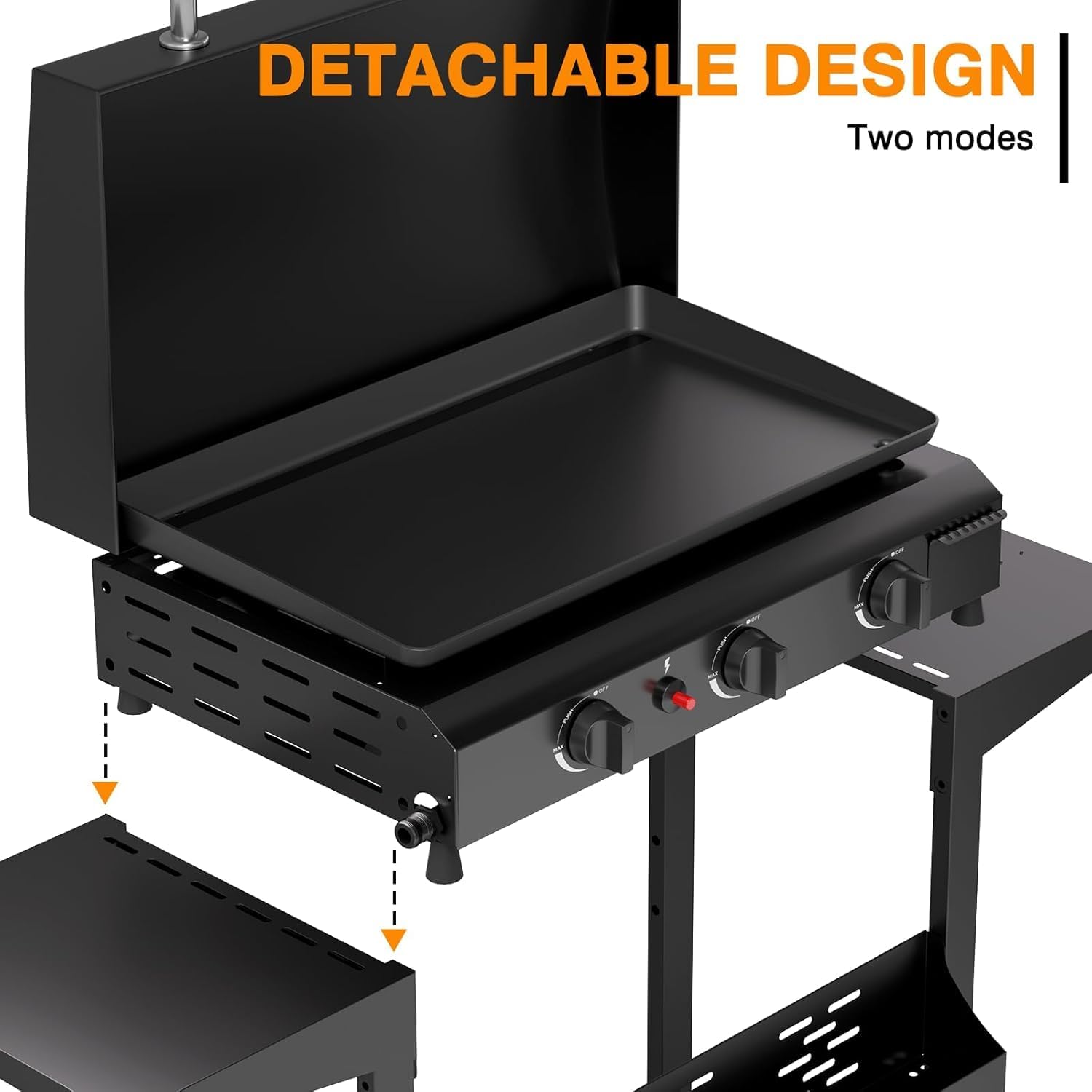 3 Burner BBQ Gas Griddle with Hood, 25.6 Inch Stainless Steel Portable Detachable Propane Griddle, 45,000 BTU Flat Top Grill with Side Shelves for Camping Tailgating, Black