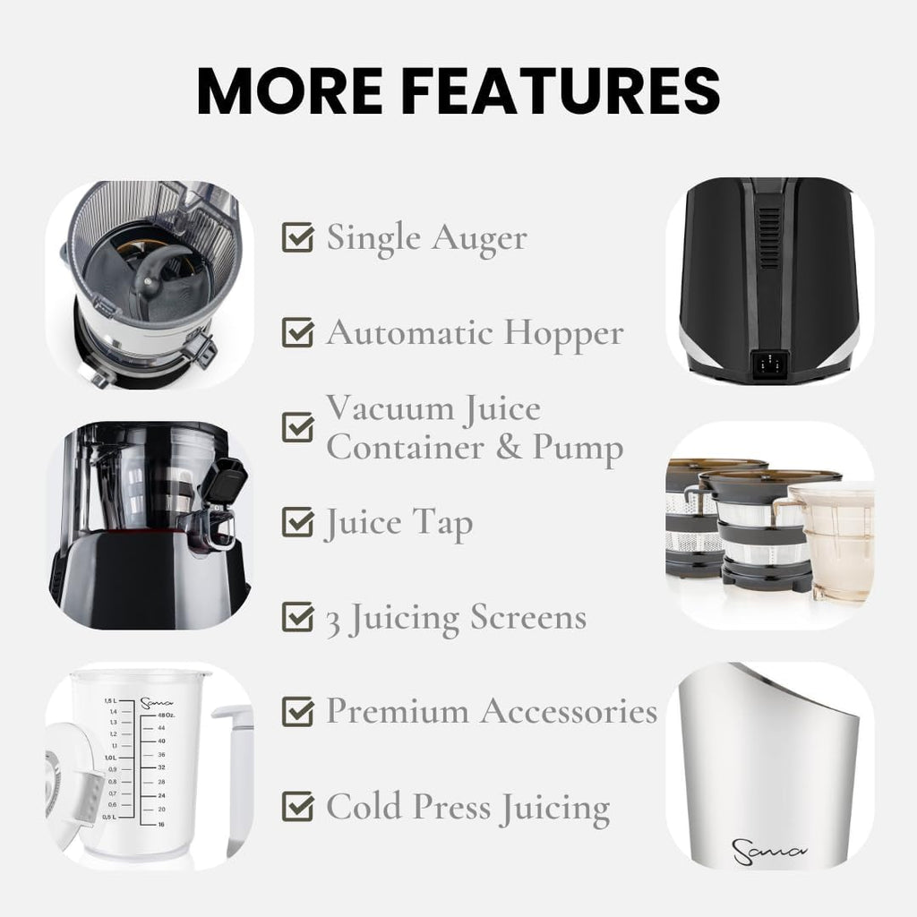Sana 878 Self Feeding Batch Juicer | 3 Days of Cold Press Juicing Effortlessly | Most Convenient Juicer with Autopilot Configuration | Large Batch 2 Liter Capacity | Whole Fruits & Vegetables | Black
