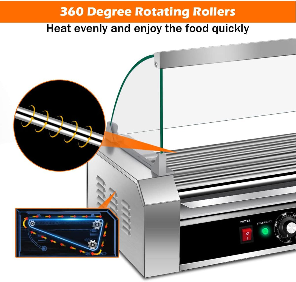 Giantex Hot Dog Roller Machine, 7 Non-Stick Rollers 18 Hot Dog Sausage Grill Cooker Machine with Removable Stainless Steel Drip Tray and Glass Hood Cover, Commercial Household Hot Dog Rotisserie