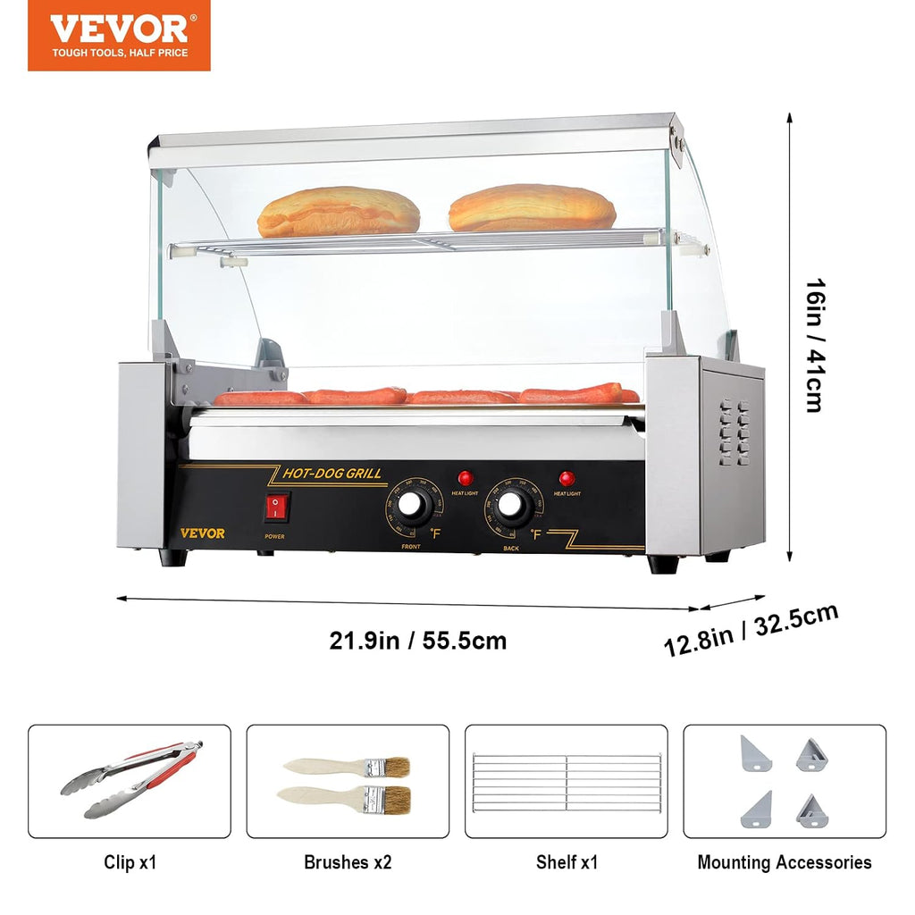 VEVOR Hot Dog Roller 7 Rollers 18 Hot Dogs Capacity 1050W Stainless Sausage Grill Cooker Machine with Dual Temp Control Glass Hood Acrylic Cover Bun Warmer Shelf Removable Oil Drip Tray, ETL Certified