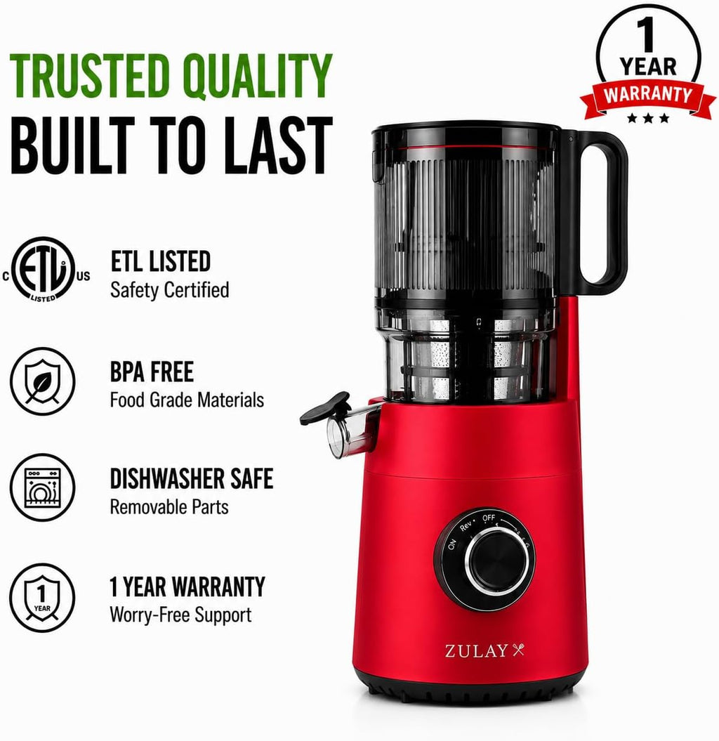 Zulay Kitchen Juicer Machine with 5' Wide Feed Chute, Cold Press Slow Masticating Juicer for Whole Fruits & Vegetables, Easy to Clean Stainless Steel Blades, High Juice Yield - Red