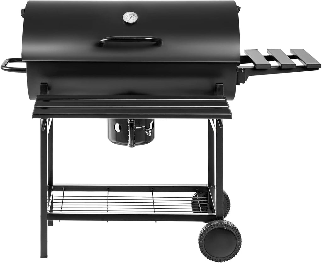 Flamaker Charcoal Grill Barrel style BBQ Charcoal Grill with Three Item Racks Thermometer Double-Layer Chrome-Plated Iron Baking Pan Ash Catcher for Camping Outdoor BBQ