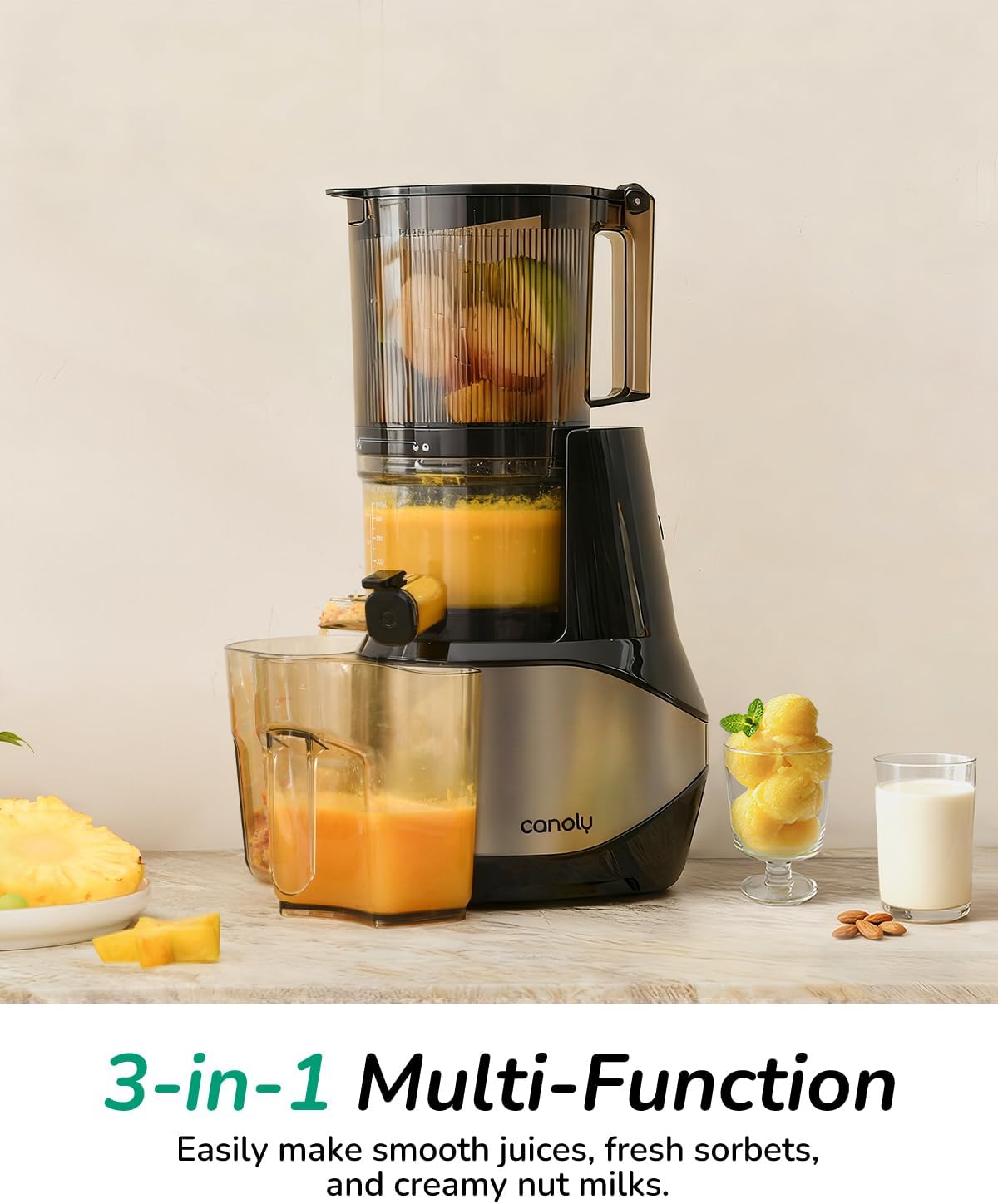 Canoly C09 Cold Press Juicer, 6' Extra Wide Feed Chute, 3-IN-1 Strainers (Juice & Sorbet & Nut Milk), Powerful AC Brushless Motor, Self Precut System, Juicer Machines with BPA-Free (Classic)