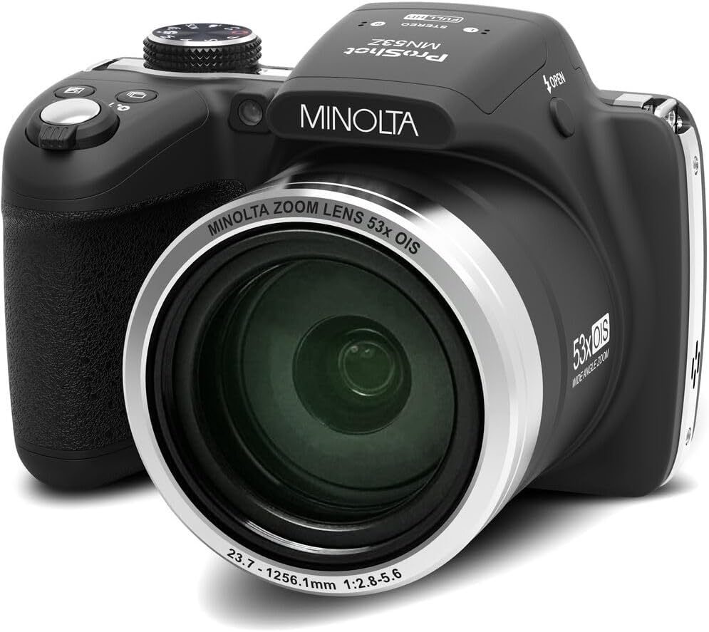 MINOLTA MN53Z 16 MP / 1080P FHD Bridge Digital Camera w/53x Optical Zoom (Black) Bundle with 32GB Memory Card + Camara Bag + Cleaning Kit + Vlogging Tripod + Accessories