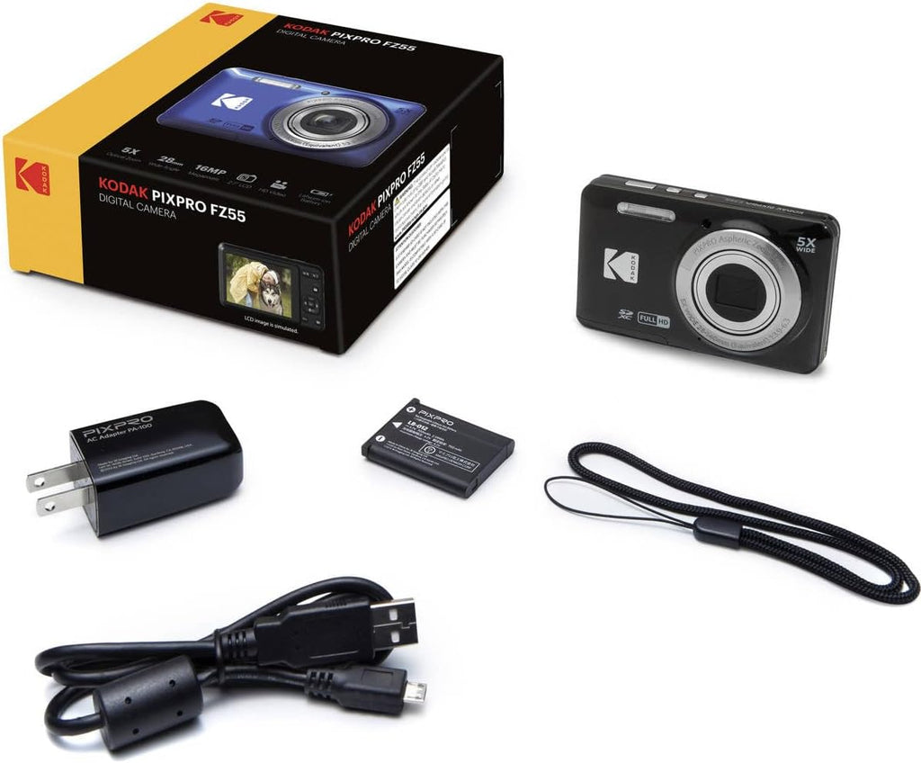Kodak PIXPRO FZ55 Friendly Zoom Digital Camera, Bundle with 32GB Memory Card, Camera Bag, Tripod, Photo Editing Software, Card Reader (Black)