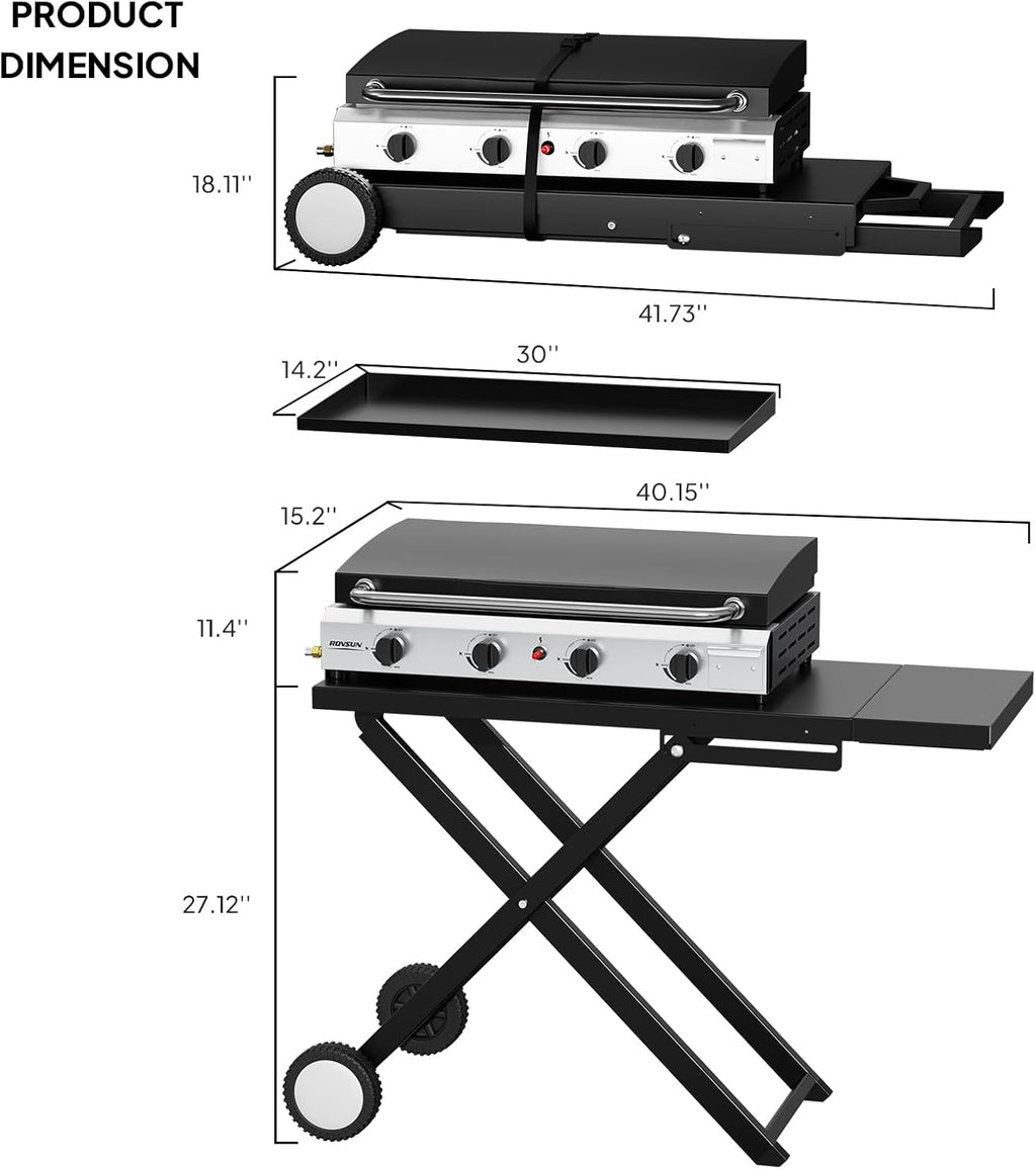 ROVSUN 40000 BTU Foldable Flat Top Gas Grill with Cart, Enameled Tray & Lid, 4 Burner Portable Rolling Propane Griddle with Electronic Ignition & Regulator for Outdoor Cooking Camping BBQ Tailgating
