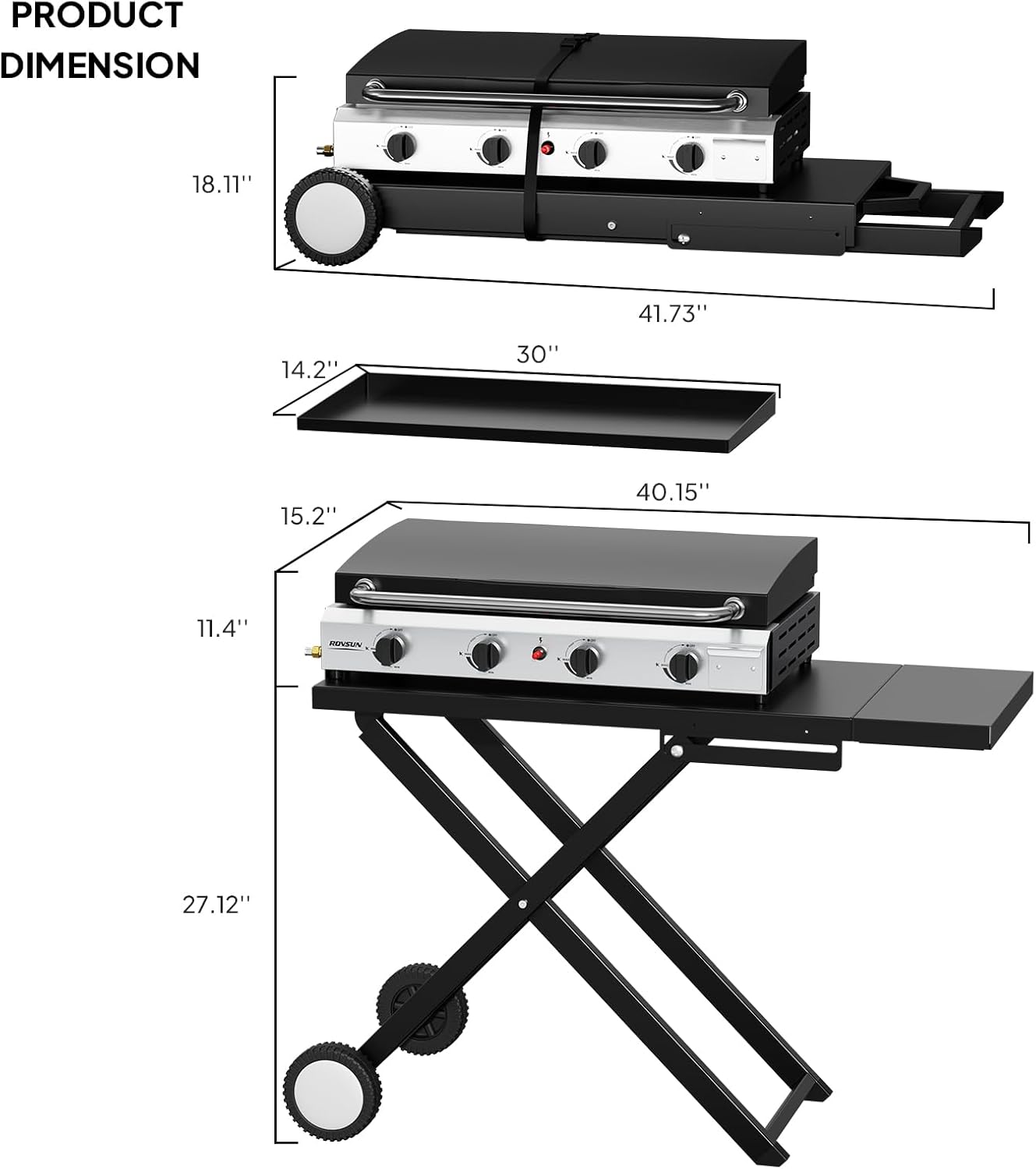 ROVSUN 40000 BTU Foldable Flat Top Gas Grill with Cart, Enameled Tray & Lid, 4 Burner Portable Rolling Propane Griddle with Electronic Ignition & Regulator for Outdoor Cooking Camping BBQ Tailgating