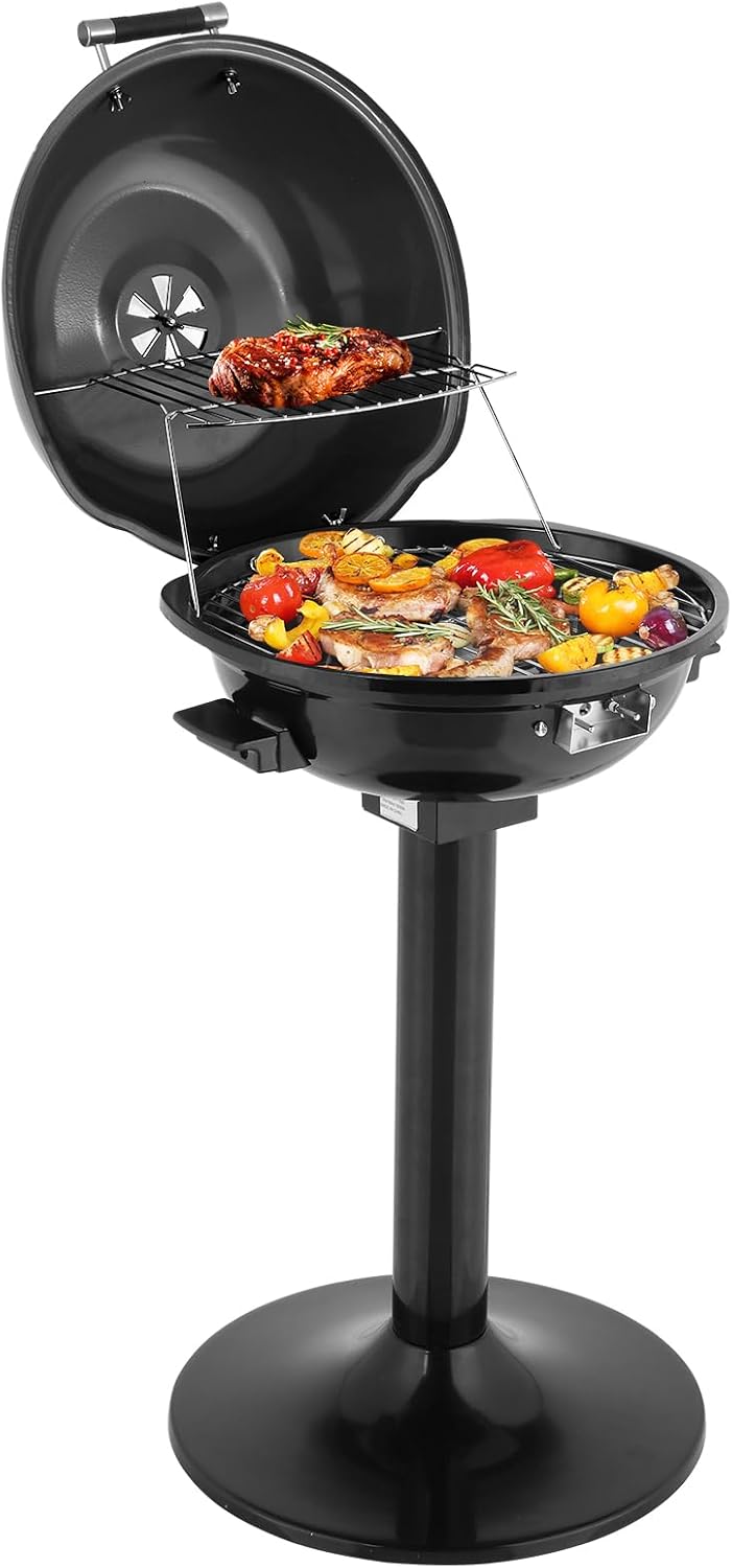 Electric BBQ Grill with Stand, 1600W Portable Indoor Outdoor Electric Grill with Lid and Warming Rack, Double Layer Design, Adjustable Temperature Control, Fits 10 Burgers, Backyard Cooking Black