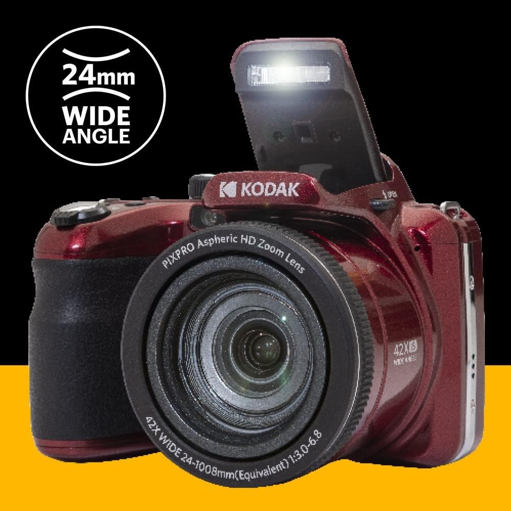 KODAK PIXPRO AZ425 Digital Camera, 42x Optical Zoom Bridge with 20MP BSI Sensor, Li-Ion Battery, OIS, 1080p Full HD Video, Red