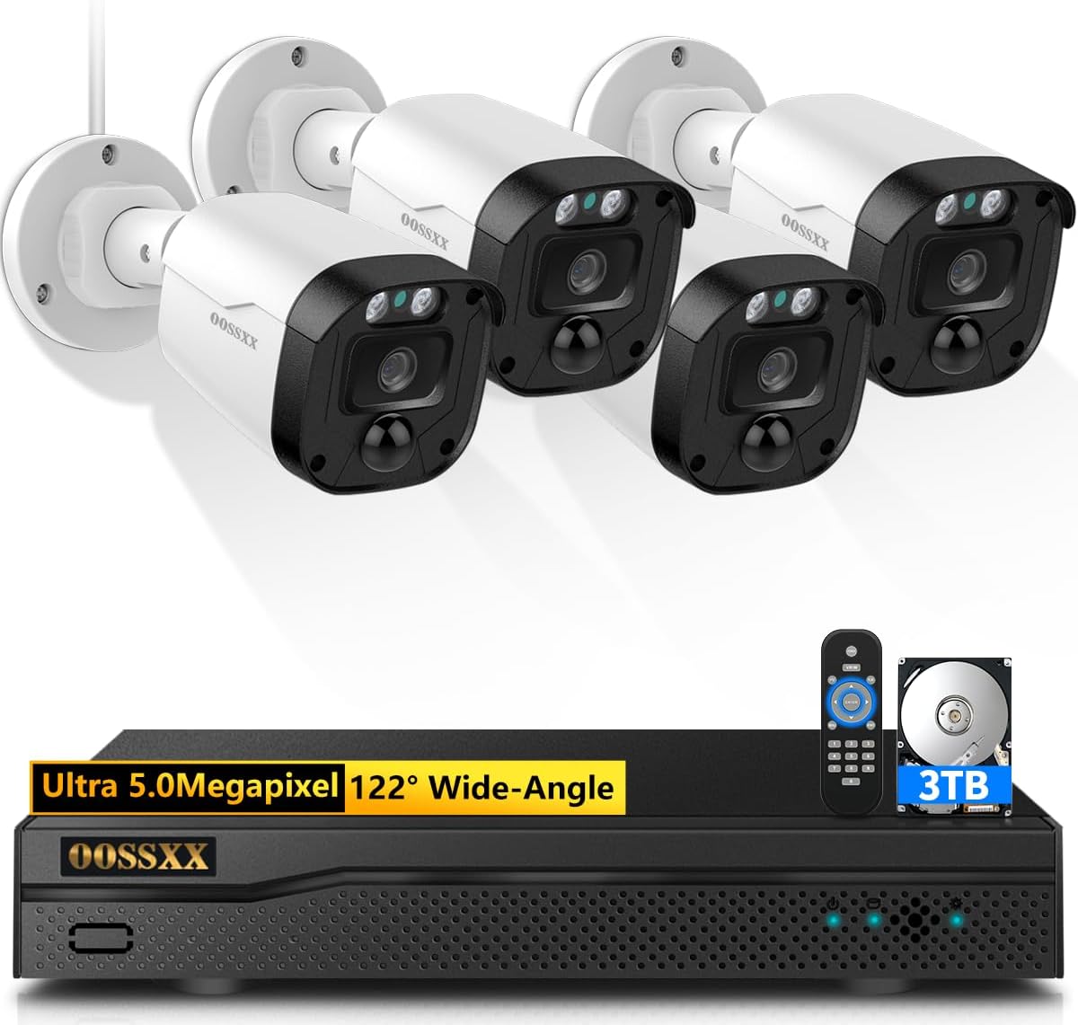 (90 Days Storage) 5MP Wired Security Camera System Outdoor, 8CH DVR with 3TB HDD, 4 x 122° Wide Angle Home Surveillance Cameras, Up to 90 Days Recording, IP67 Waterproof, Free App No Monthly Fee