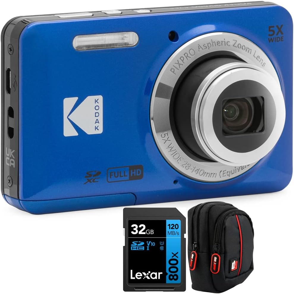 Kodak PIXPRO FZ55 Digital Camera, Blue Bundle with Lexar 32GB High-Performance 800x UHS-I SDHC Memory Card + Deco Photo Point and Shoot Field Bag Camera Case