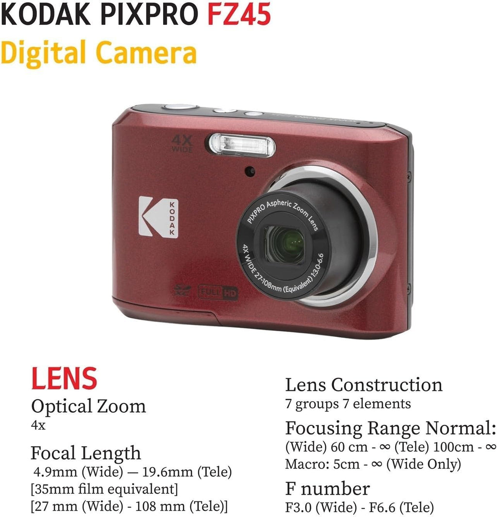 KODAK PIXPRO FZ45 16MP Digital Camera with 4X Optical Zoom 27mm Wide Angle and 2.7' LCD Screen Bundle with 32GB SD Memory Card, AA Batteries (4 Pack), Lens Cleaning Cloth (Red)