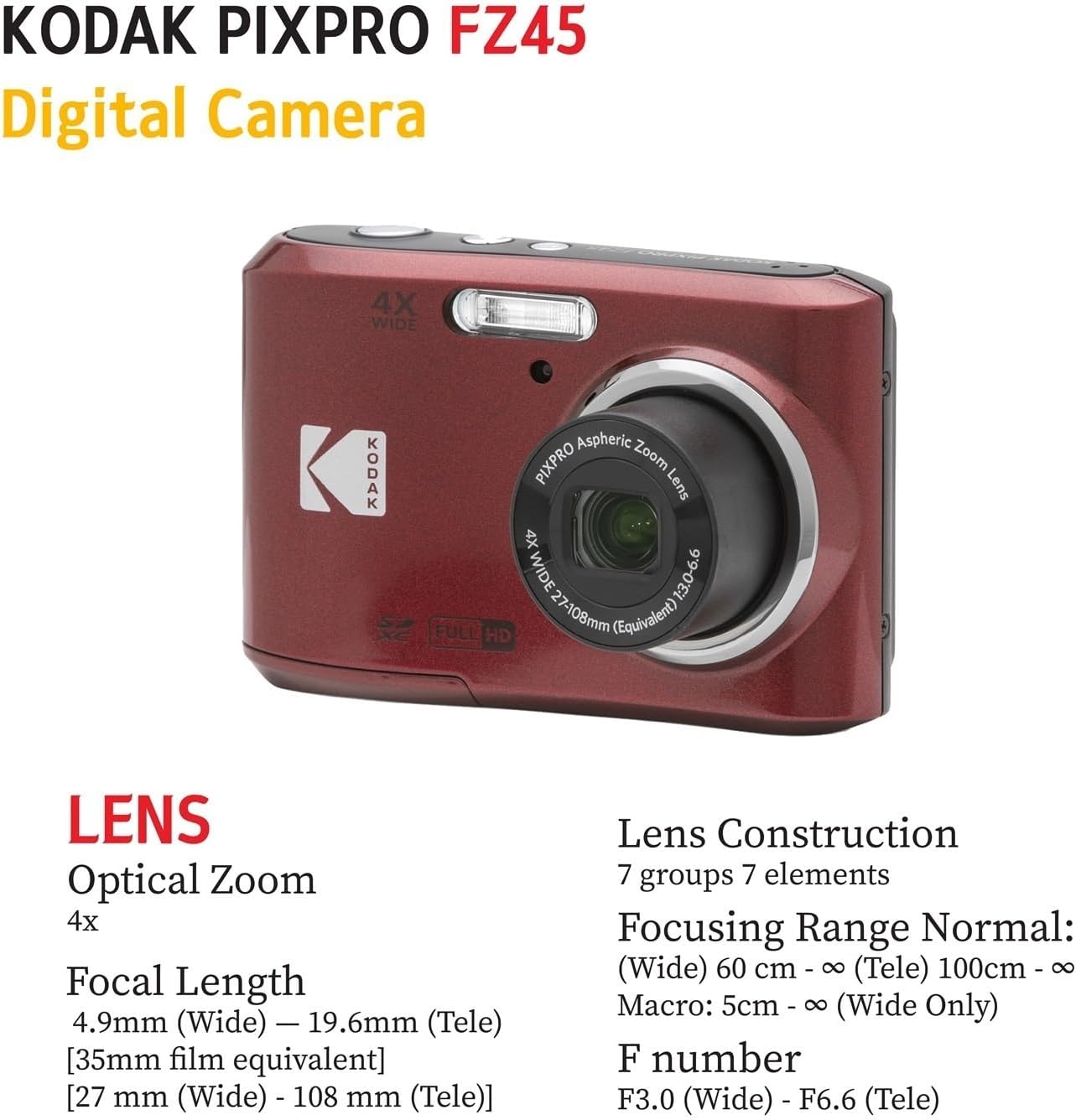 KODAK PIXPRO FZ45 16MP Digital Camera with 4X Optical Zoom 27mm Wide Angle and 2.7' LCD Screen Bundle with 32GB SD Memory Card, AA Batteries (4 Pack), Lens Cleaning Cloth (Red)