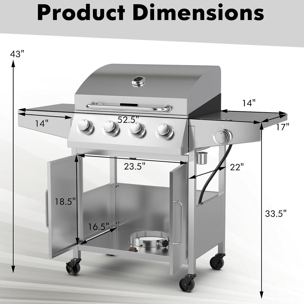 Giantex Propane Gas Grill 50,000 BTU, 4 Main Burners, 1 Side Burner, 2 Prep Tables, Stainless Steel Heavy-Duty BBQ Grill with 4 Wheels for Backyard Party Outdoor Cooking