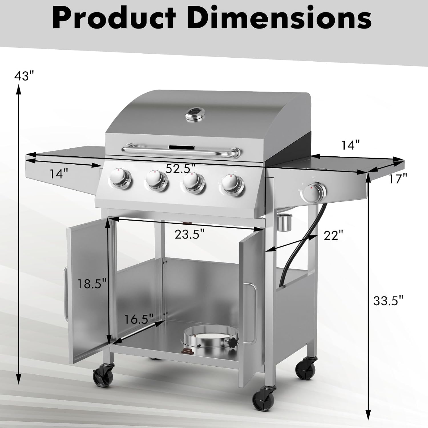 Giantex Propane Gas Grill 50,000 BTU, 4 Main Burners, 1 Side Burner, 2 Prep Tables, Stainless Steel Heavy-Duty BBQ Grill with 4 Wheels for Backyard Party Outdoor Cooking