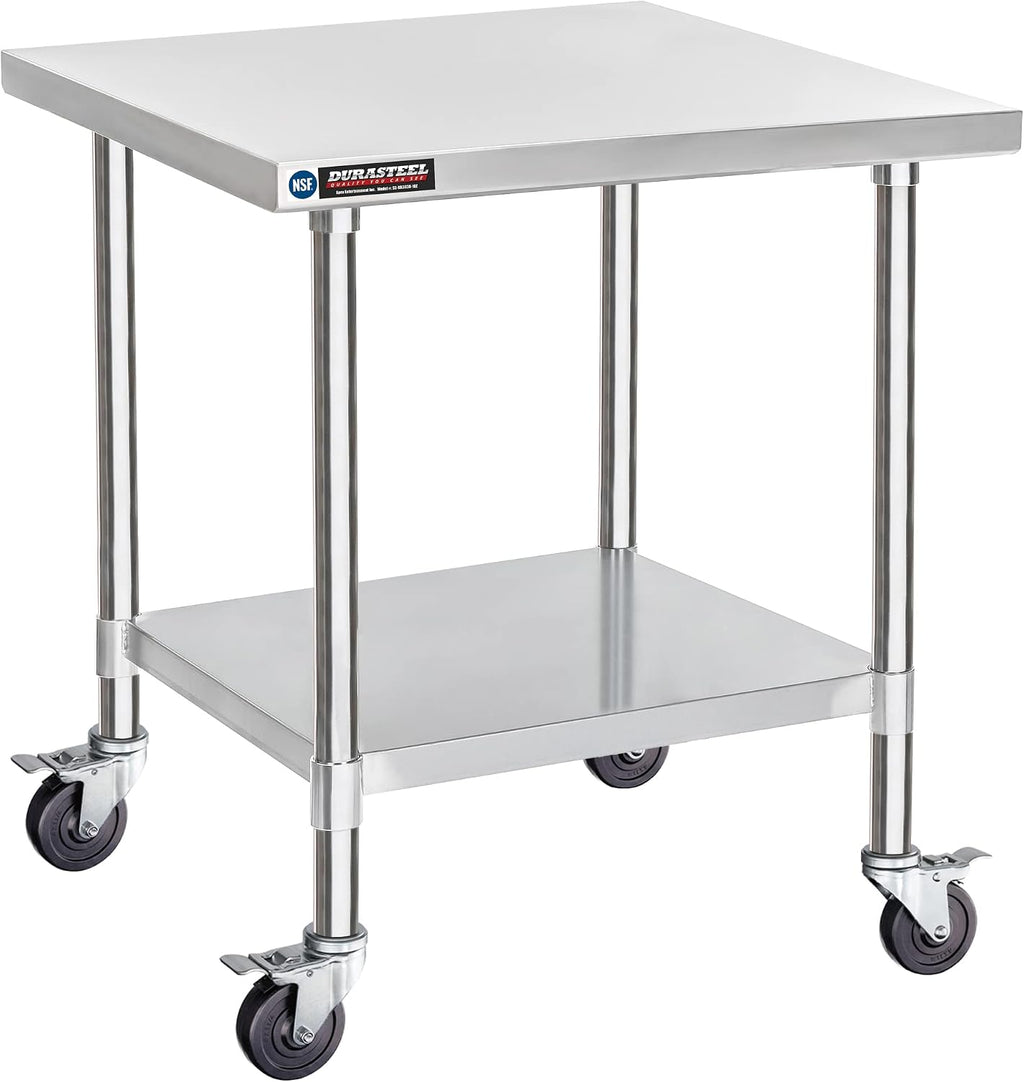 DuraSteel 30x30 NSF Stainless Steel Cart - Heavy Duty Rolling Food Prep Table with Undershelf - Metal Utility Cart for Commercial Restaurant Kitchen, Laundry, Outdoor Portable BBQ Grill
