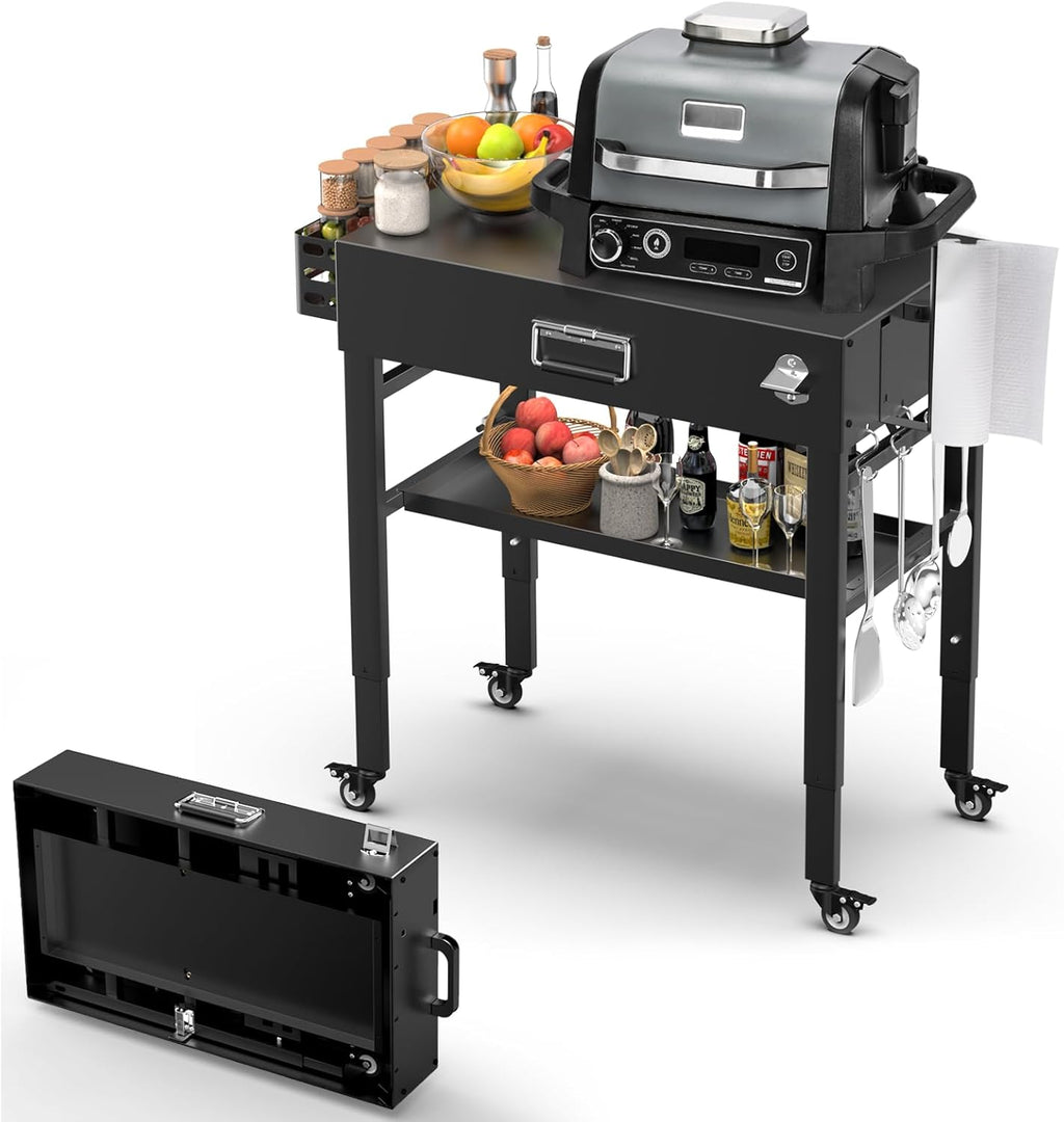 28' and 34' Upgrade Height & Quick-Fold Portable Grill Cart for Ninja Woodfire (OG700 Series), MO201 OO101 Pizza Oven, Blackstone 17'/22' Griddle – Outdoor Ninja Grill Stand with 4 Swivel Wheels