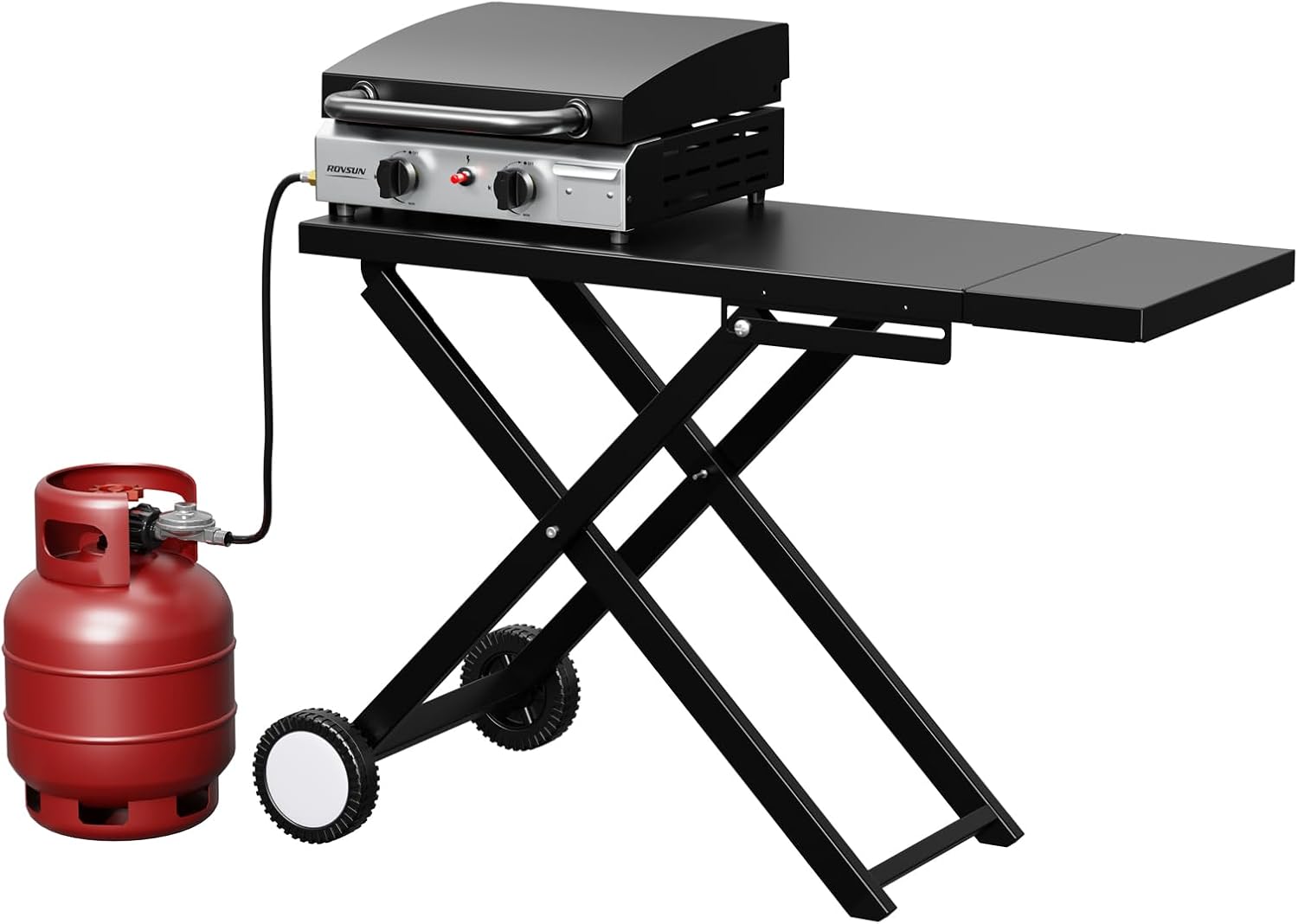ROVSUN 20000 BTU Foldable Flat Top Gas Grill with Cart, Enameled Tray & Lid, 2 Burner Portable Rolling Propane Griddle with Electronic Ignition & Regulator for Outdoor Cooking Camping BBQ Tailgating