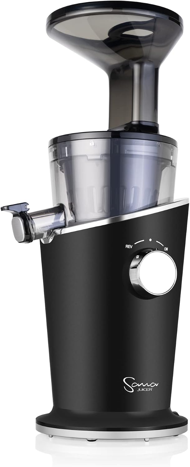 Sana 848 Easy Clean Vertical Juicer - Low Speed 43 RPM - Quiet - 15 Year Warranty Carrots Celery Wheatgrass Greens (Matte Black)