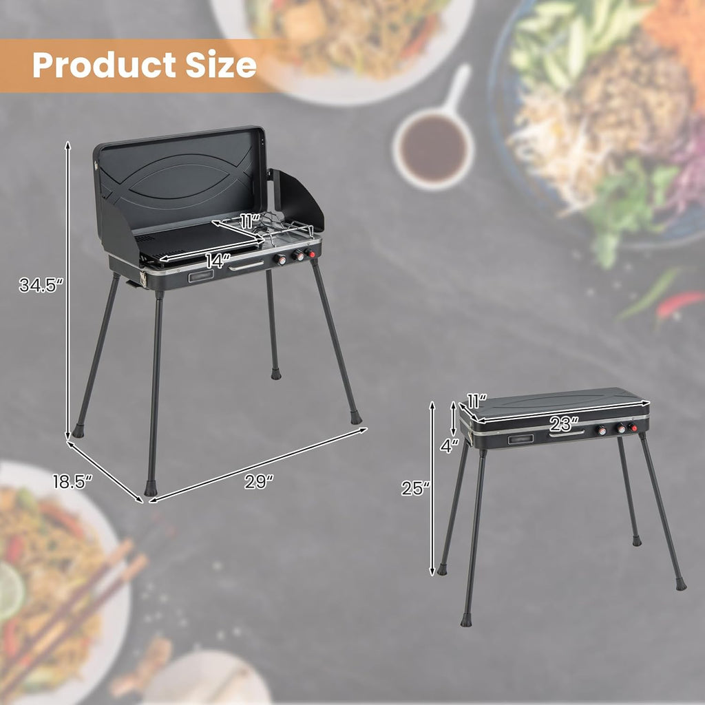 HAPPYGRILL Portable Camping Stove, 2-Burner Propane Grill Cooker with Removable Leg Stand, Roast Grill, Dual Control Knobs, Wind Guards, Outdoor Gas Grill for Camping BBQ Picnic (Black)