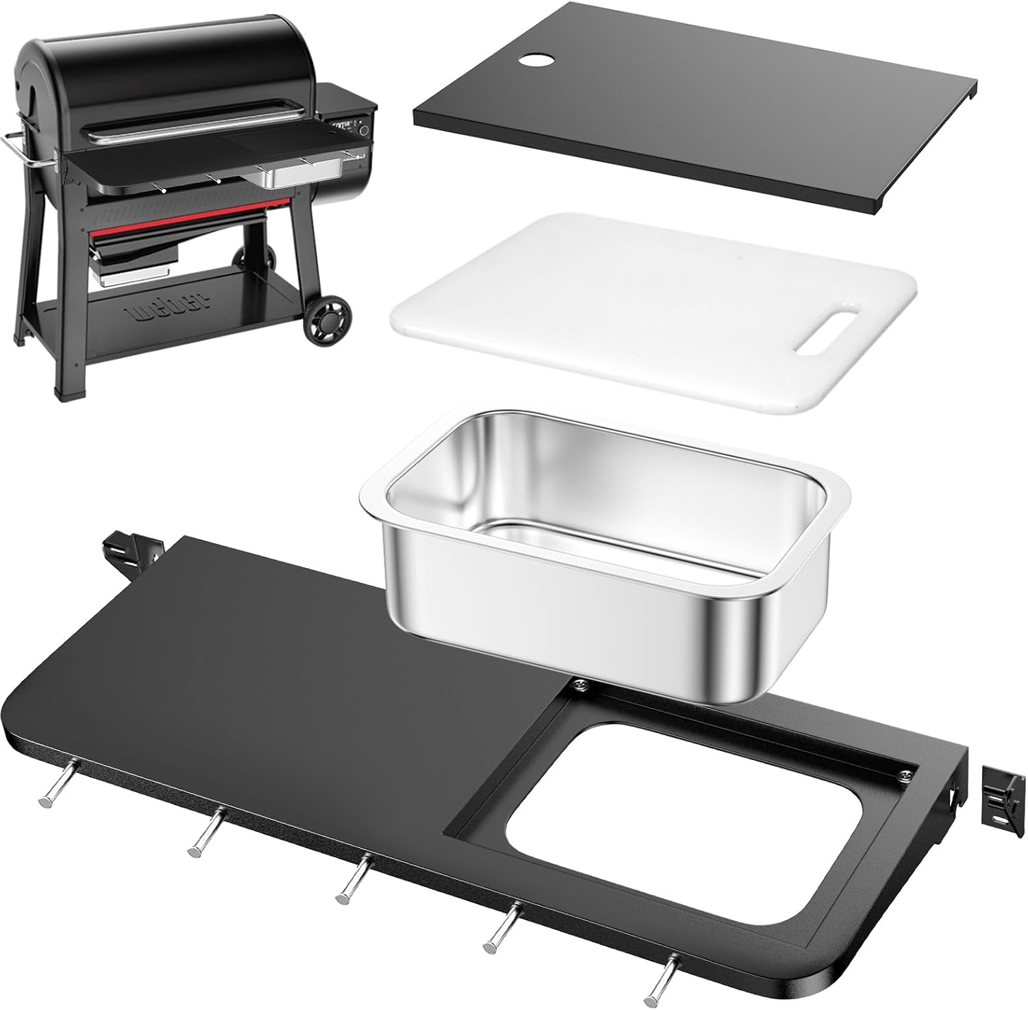 Utheer Front Folding Grill Table for Weber Searwood XL 600 – 35' x 12.5' Large Front Shelf with Stainless Steel Basin, Works Cutting Board, Lid & 5 Hooks, Heavy-Duty Weber Searwood XL 600 Accessories