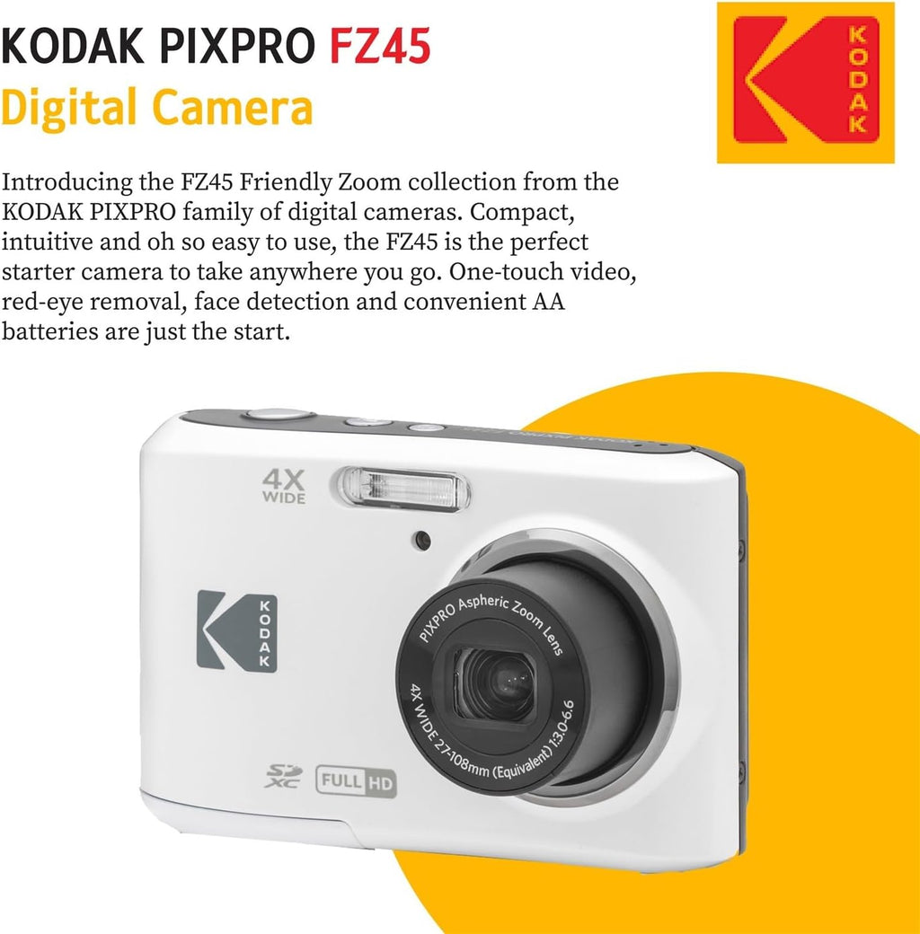 KODAK PIXPRO FZ45 16MP Digital Camera with 4X Optical Zoom 27mm Wide Angle and 2.7' LCD Screen Bundle with 32GB SD Memory Card, AA Batteries (4 Pack), Lens Cleaning Cloth (White)