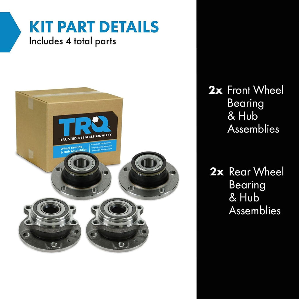 TRQ Front and Rear Wheel Bearing and Hub Assembly Set 4 Piece Compatible with 2012-2021 Volkswagen Passat 2015-2018 Audi Q3 2008-2009 TT 2012-2019 Volkswagen Beetle