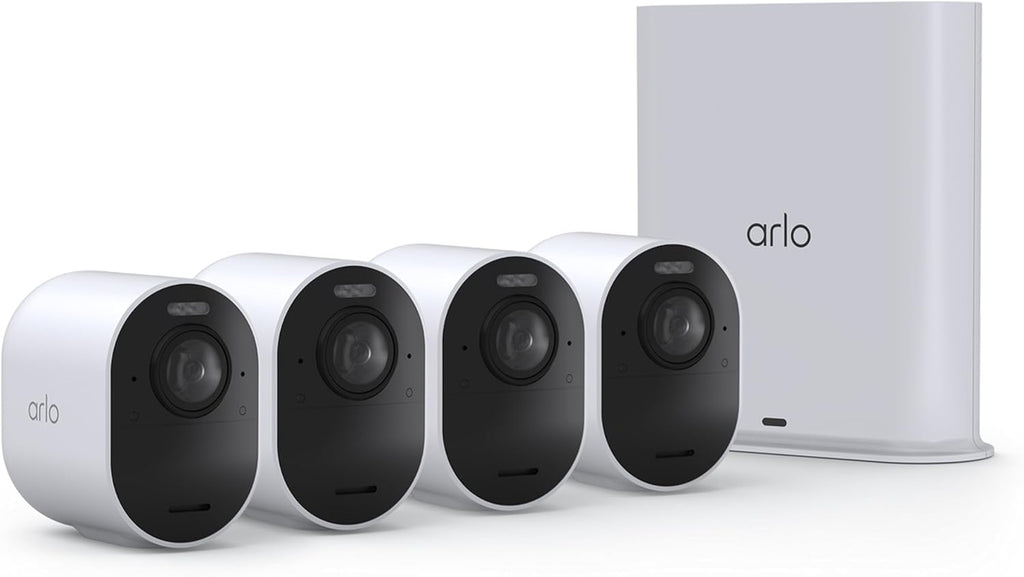 Arlo Ultra Security Camera 4K HDR (3rd Gen, 2025 Release) + SmartHub, Battery Power, Emergency Response, AI Captions, 1-Month Trial of Secure Plan, 180° Field of View, 4 Cam, White, Indoor/Outdoor