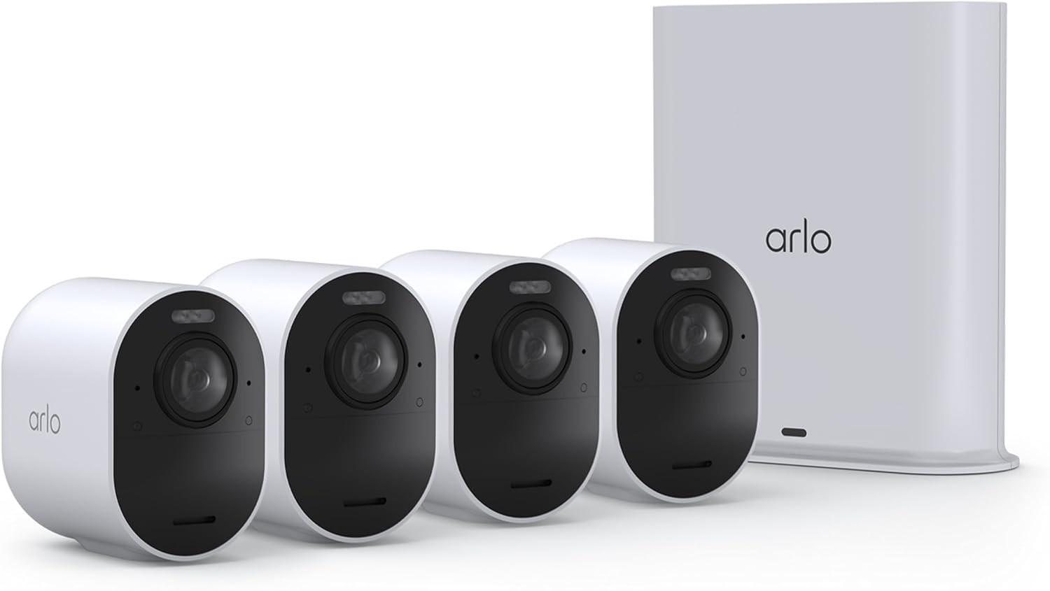 Arlo Ultra Security Camera 4K HDR (3rd Gen, 2025 Release) + SmartHub, Battery Power, Emergency Response, AI Captions, 1-Month Trial of Secure Plan, 180° Field of View, 4 Cam, White, Indoor/Outdoor