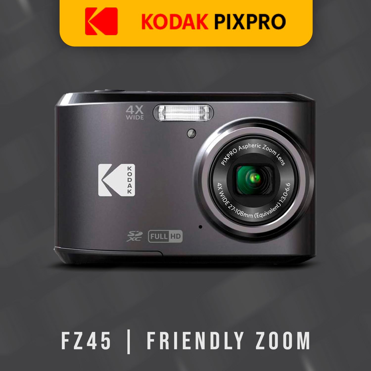 Kodak PIXPRO FZ45 Friendly Zoom Digital Camera (Black) Bundle with Folding Storage Travel Case, 128GB SD Class 10 UHS-I U1 V10 Full HD Memory Card, and Procell AA (4-Pack) (4 Items)