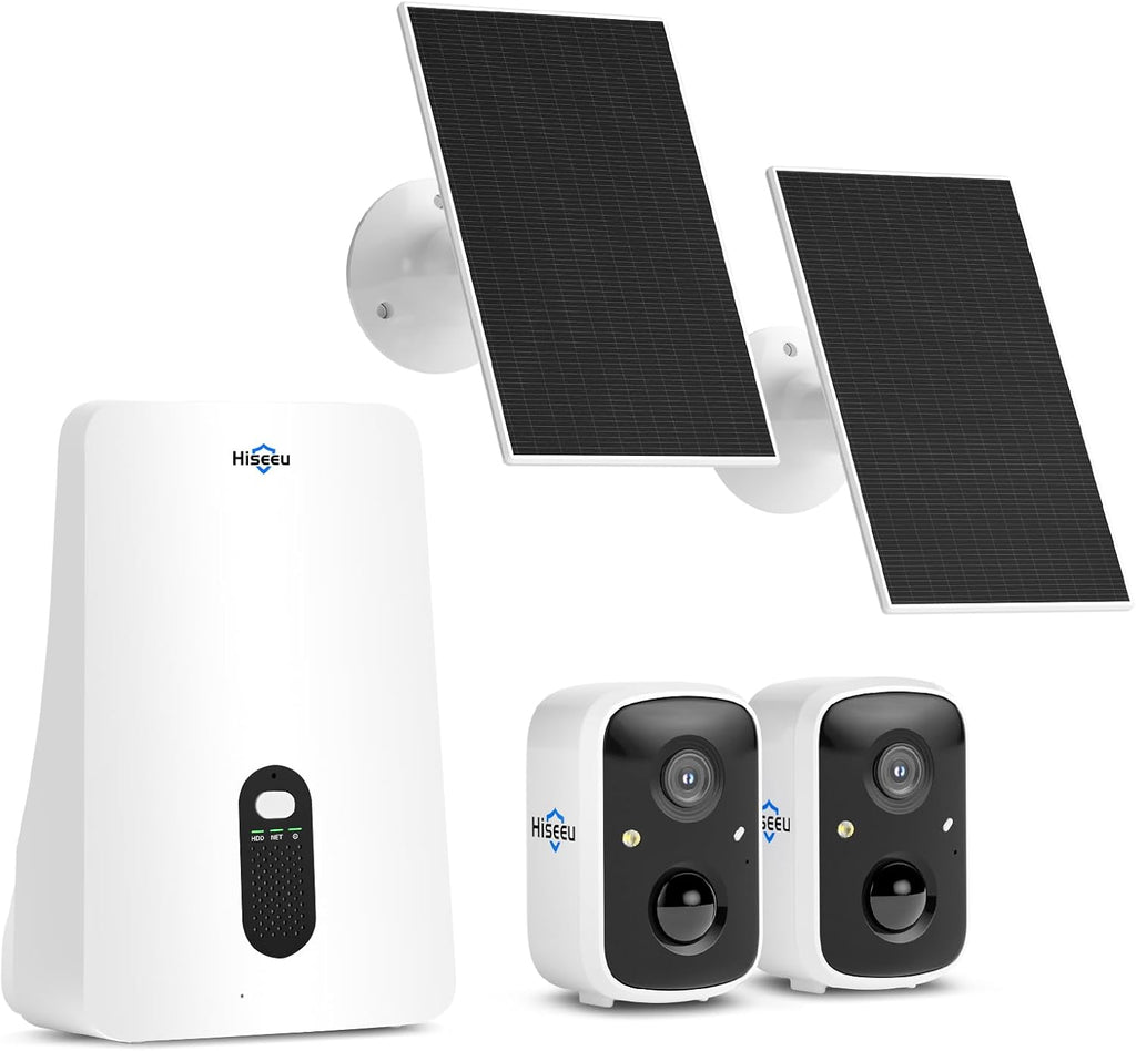 Hiseeu Security Cameras Wireless Outdoor, 2 Cam-Kit, Expandable to 10CH, No Monthly Fee, Solar-Powered, Home Security Cameras System with 2K Color Night Vision, Easy Setup, 2.4G & 5G WiFi