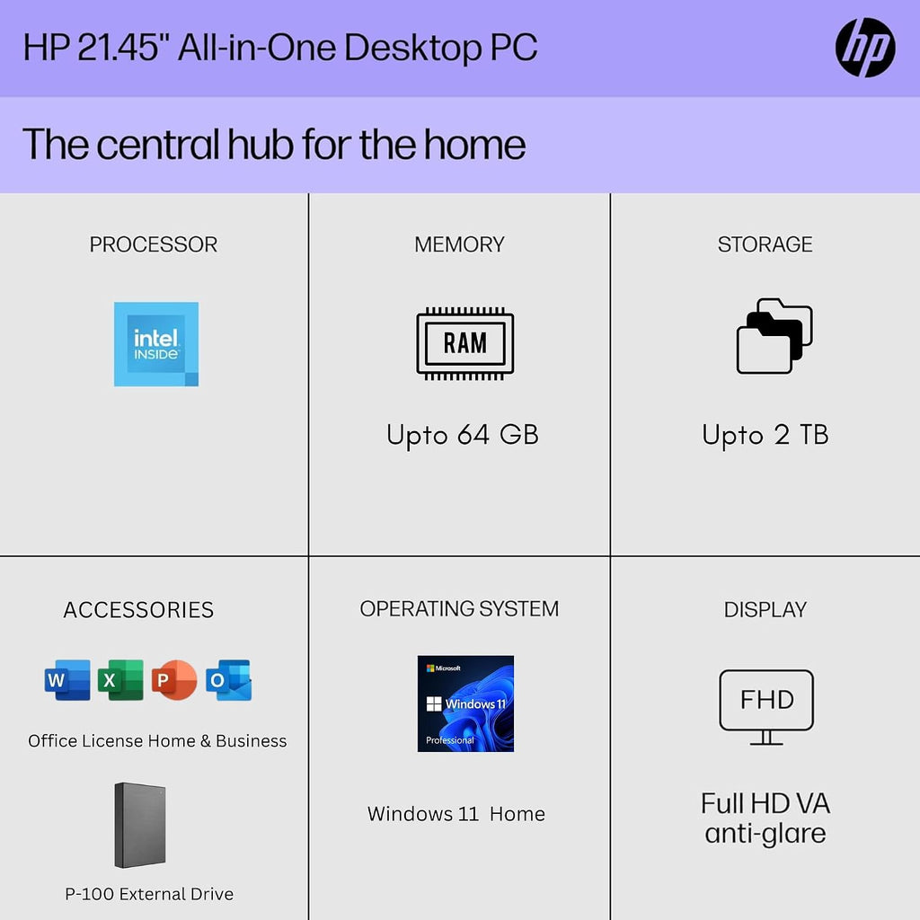 HP 22' All-in-One Desktop PC • The New Version and Look • 12 Month Microsoft Office • 40GB RAM • 1TB Storage (512GB SSD and 512GB External) • FHD Display • Intel Celeron Processor • Windows 11 Home