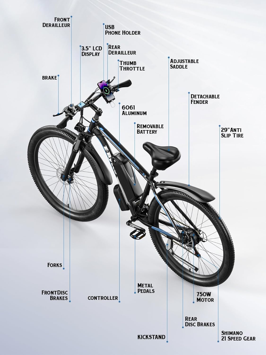 E·Bycco 29' Electric Bike for Adults, 48V 17.5AH, 1000W Peak Electric Mountain Bikes, 21-Speed Pedal Assist Ebikes, 34MPH 80 Miles Long Range Waterproof Commuter Electric Bicycle for Large Men