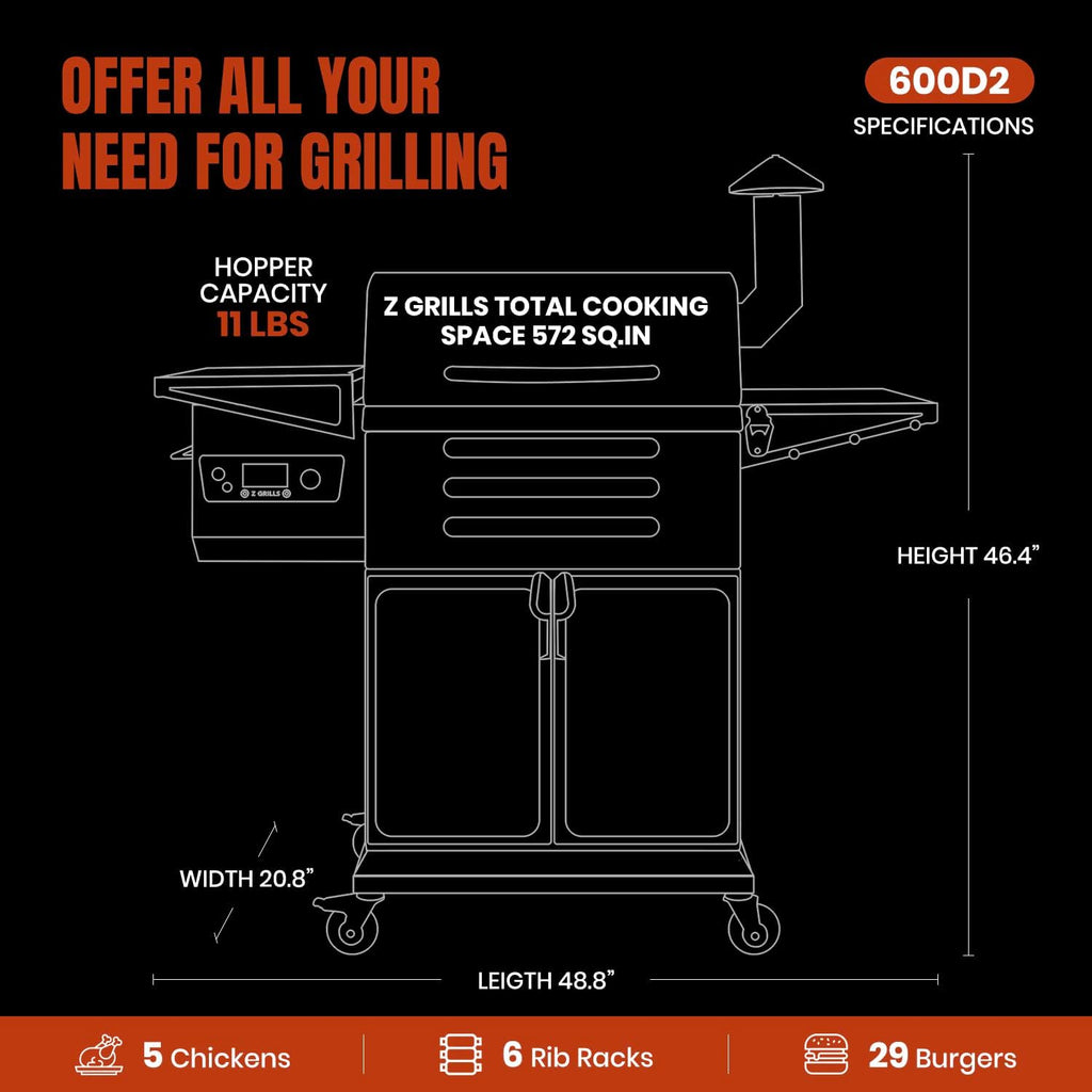 Z GRILLS Wood Pellet Grill & Smoker 8-in-1 Pellet Grill with Automatic Temperature Control，Meat Probes，572 Sq. in Area for Backyard Camping Outdoor Party,Bright Black