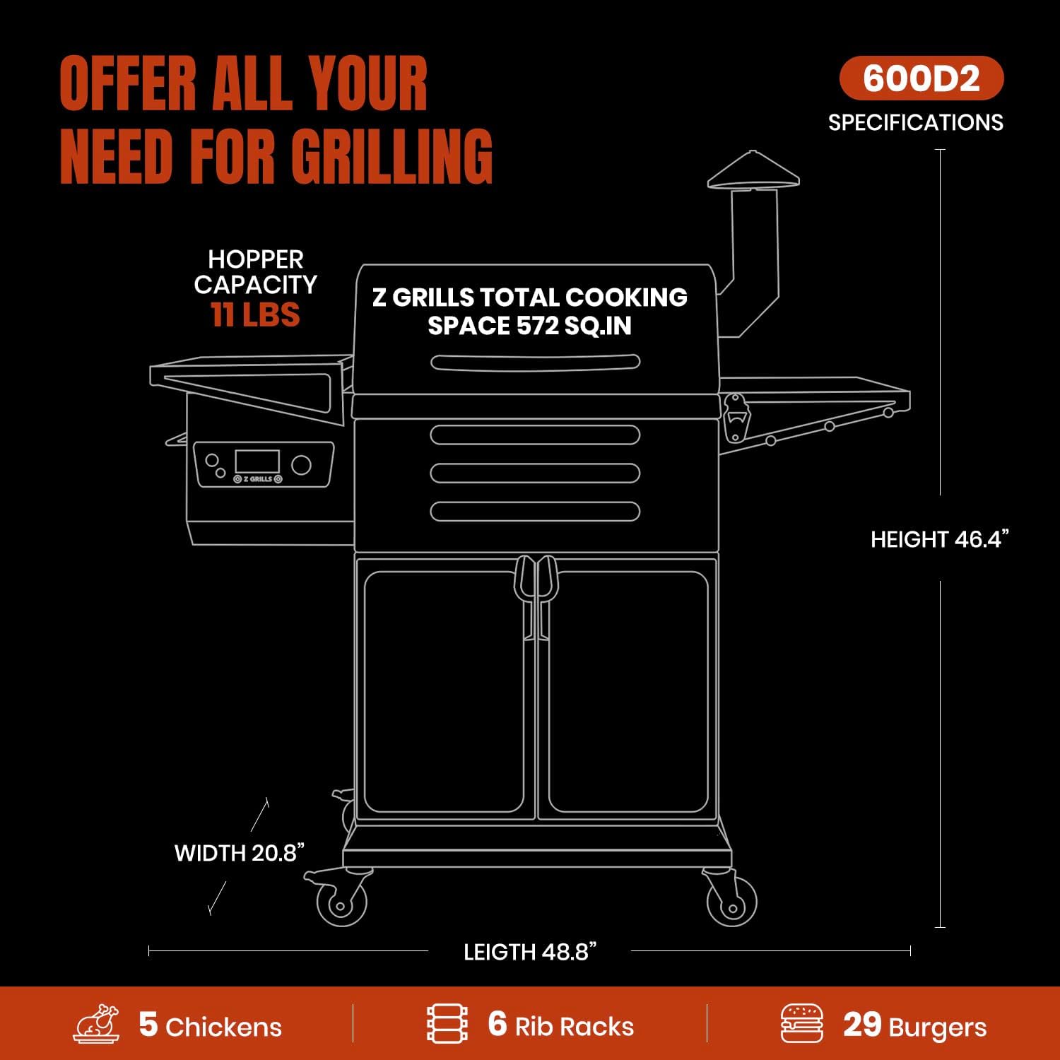 Z GRILLS Wood Pellet Grill & Smoker 8-in-1 Pellet Grill with Automatic Temperature Control，Meat Probes，572 Sq. in Area for Backyard Camping Outdoor Party,Bright Black