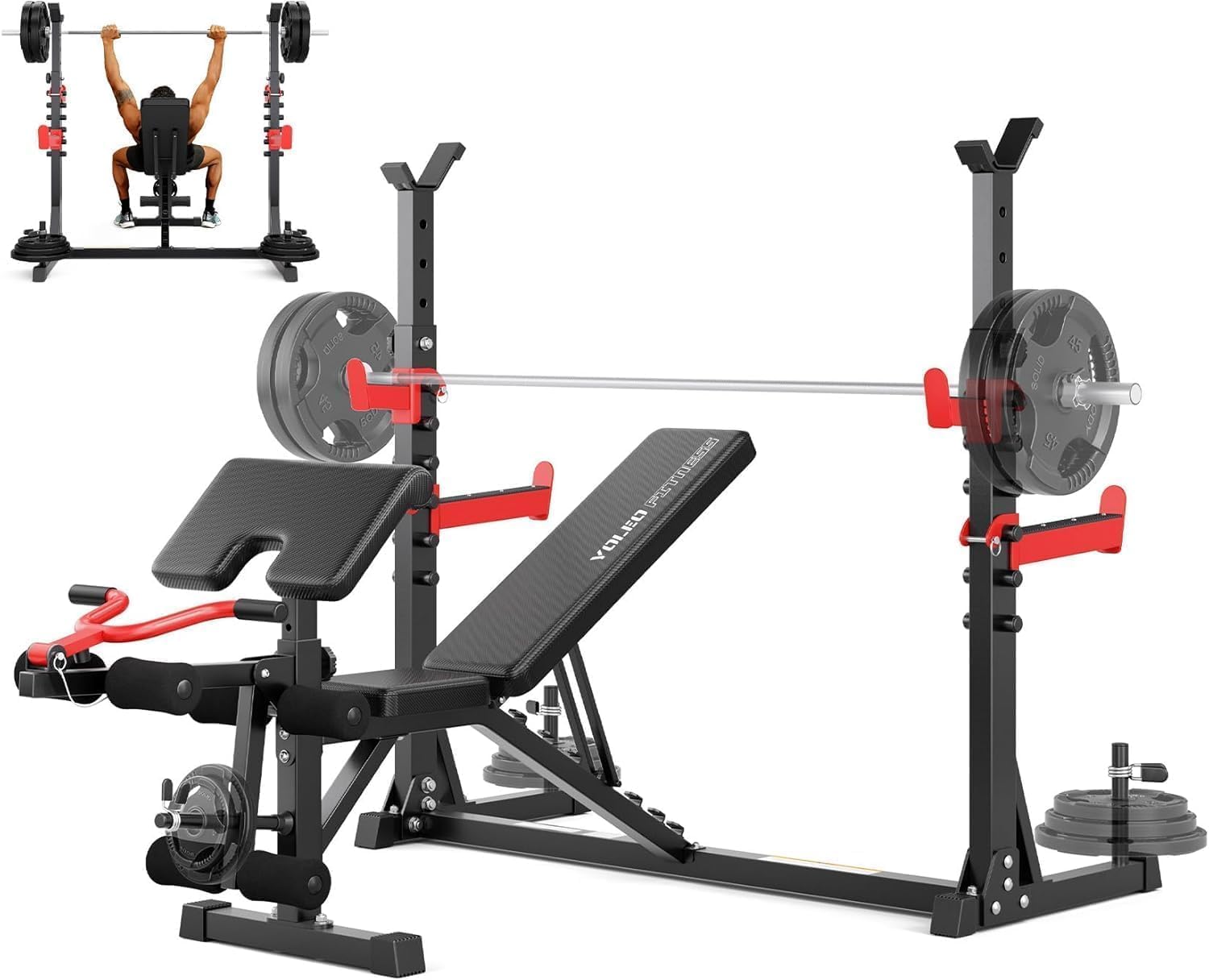 Yoleo Weight Bench with Rack - Bench Press Set, Leg Extension, Preacher Curl & Flat/Incline/Decline Full Body Workout Bench, Adjustable Olympic Weight Benches for Home Gym(47.44IN WIDE GRIP)