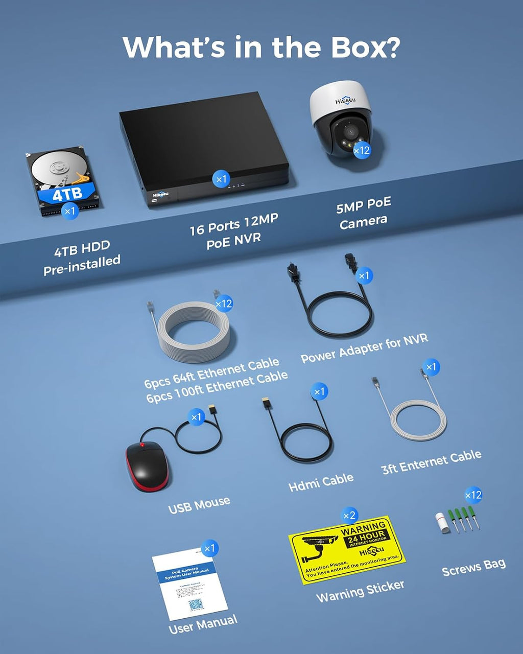 【360°View】 Hiseeu 12MP NVR 12 Pcs 5MP PoE PTZ Cameras, 350°Pan 90° Tilt，Auto Human Tracking, Human Vehicle Detect, 2 Way Audio, 7/24 Record&Playback，4TB HDD for Home Surveillance Outdoor Indoor